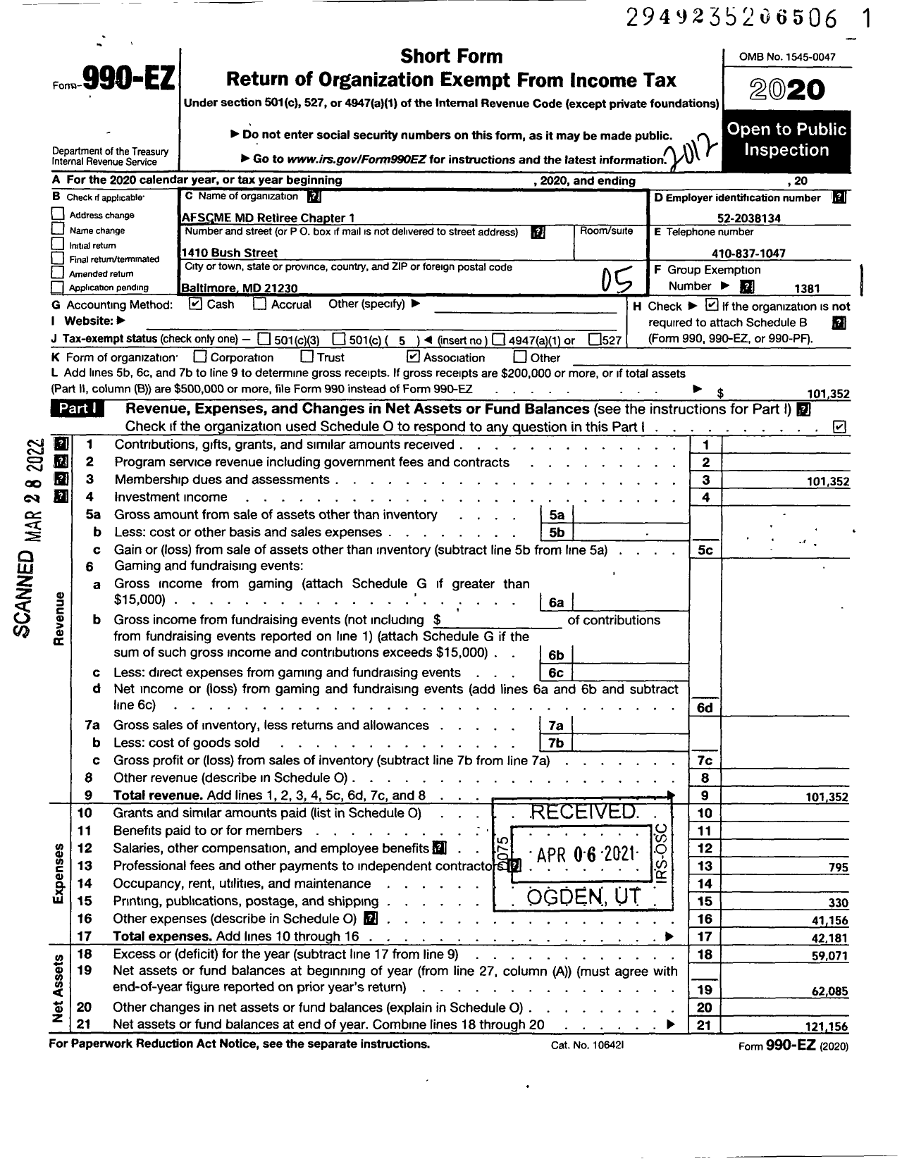 Image of first page of 2020 Form 990EO for American Federation of State County & Municipal Employees - R0001MD Maryland Pub Emp Ret Chap 1