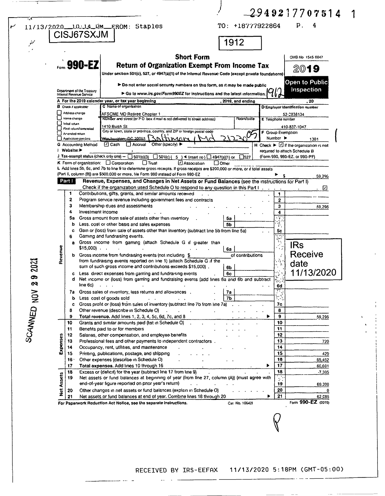 Image of first page of 2019 Form 990EO for American Federation of State County & Municipal Employees - R0001MD Maryland Pub Emp Ret Chap 1