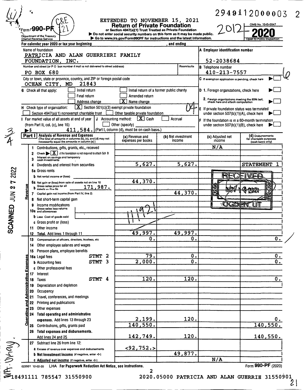 Image of first page of 2020 Form 990PF for Patricia and Alan Guerrieri Family Foundation