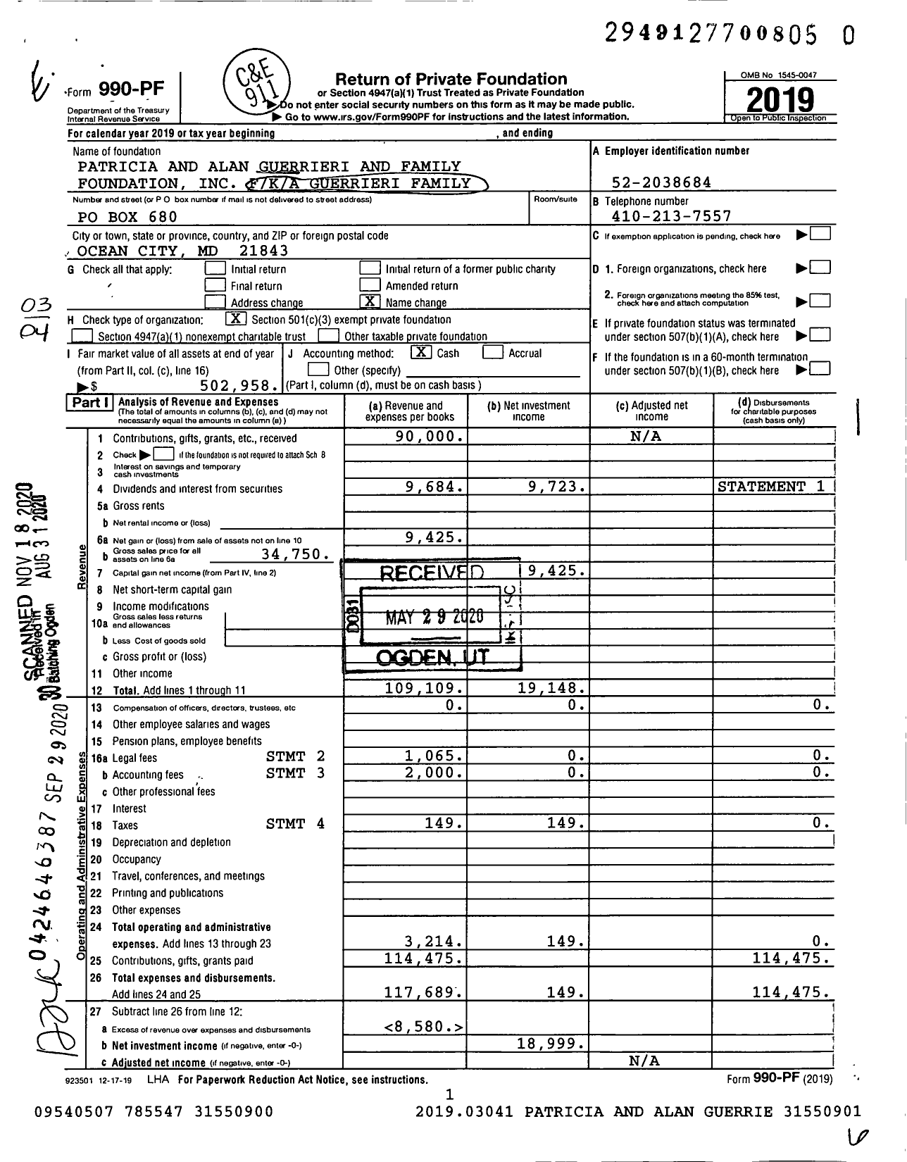 Image of first page of 2019 Form 990PF for Patricia and Alan Guerrieri Family Foundation