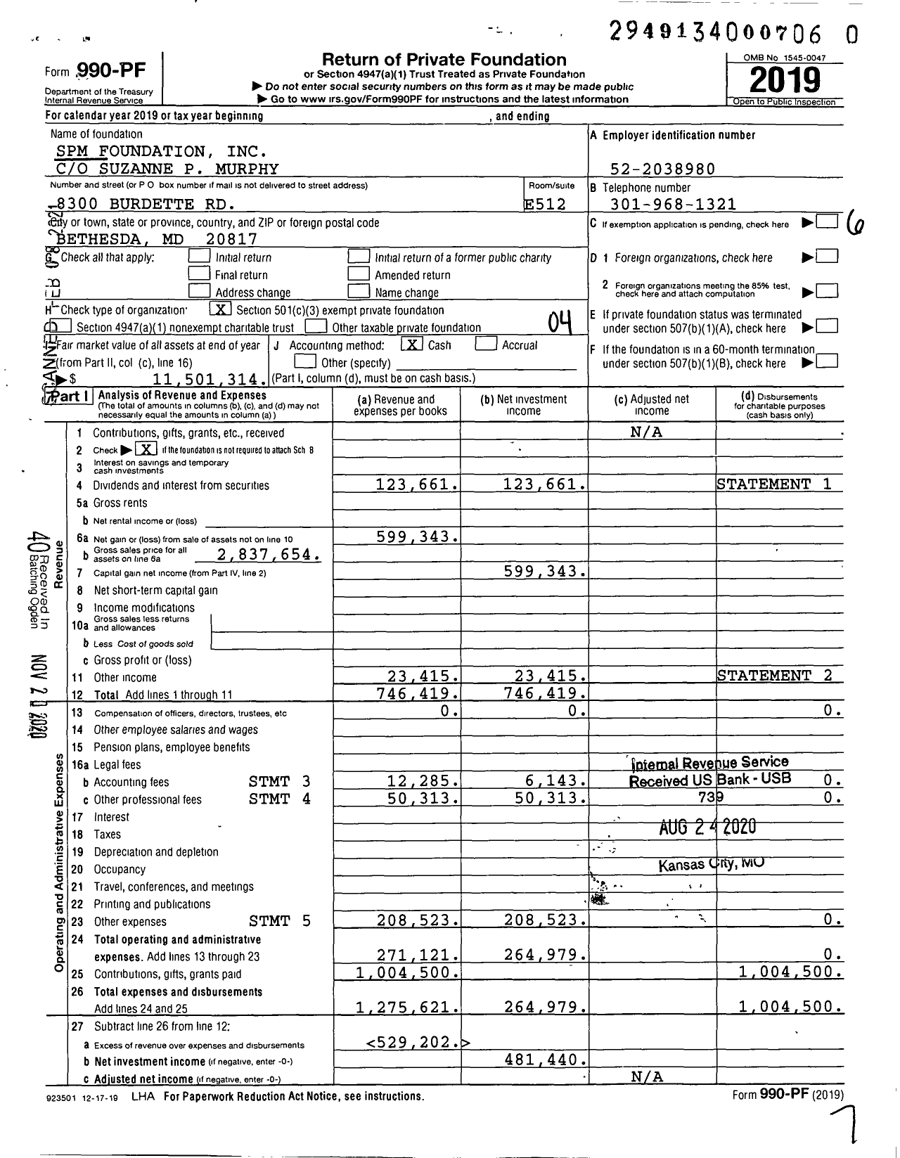 Image of first page of 2019 Form 990PF for SPM Foundation