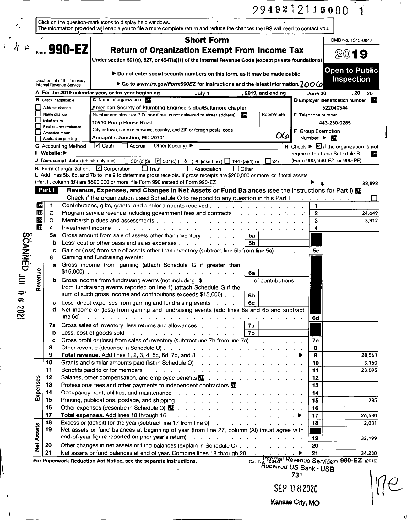 Image of first page of 2019 Form 990EO for American Society of Plumbing Engineers dbaBaltimore Chapter