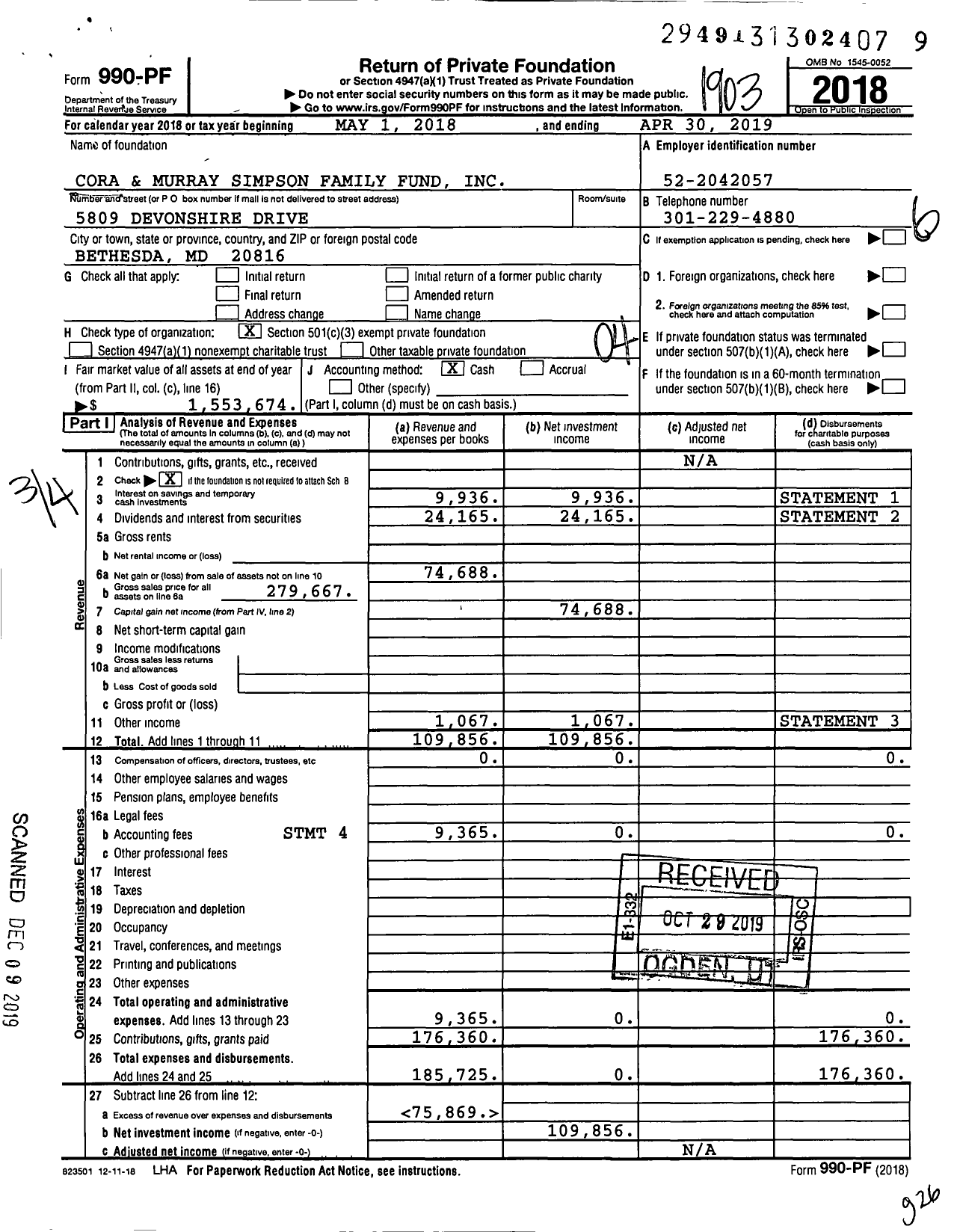 Image of first page of 2018 Form 990PF for Cora and Murray Simpson Family Fund