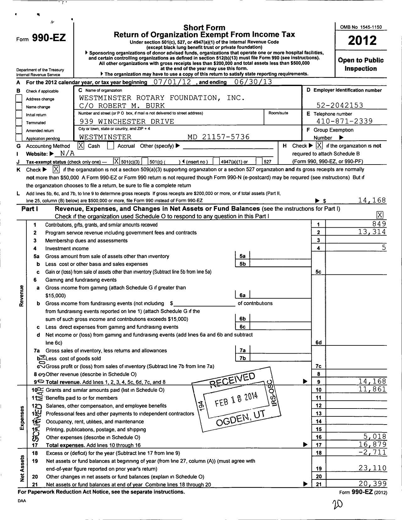 Image of first page of 2012 Form 990EZ for Westminster Rotary Foundation