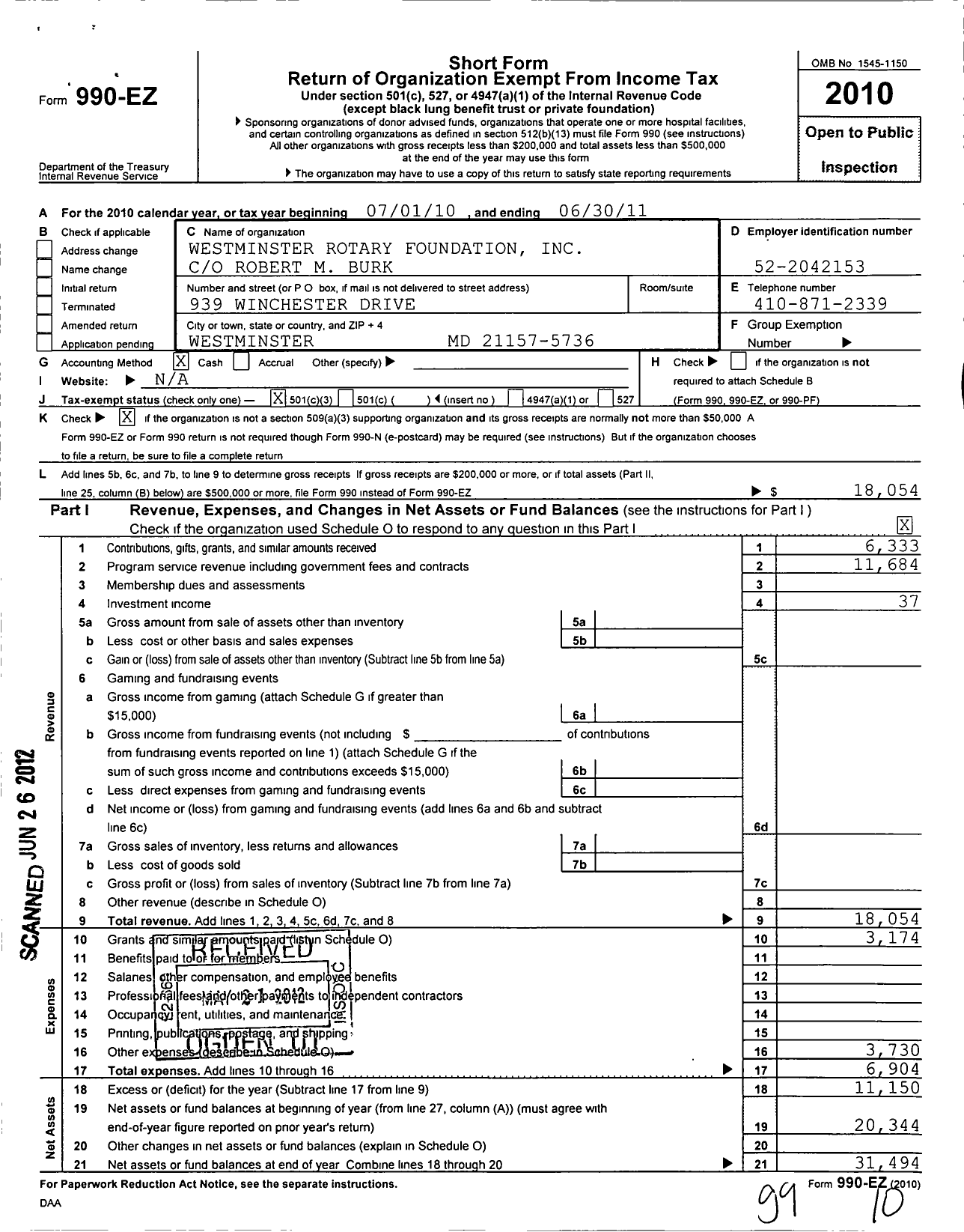 Image of first page of 2010 Form 990EZ for Westminster Rotary Foundation