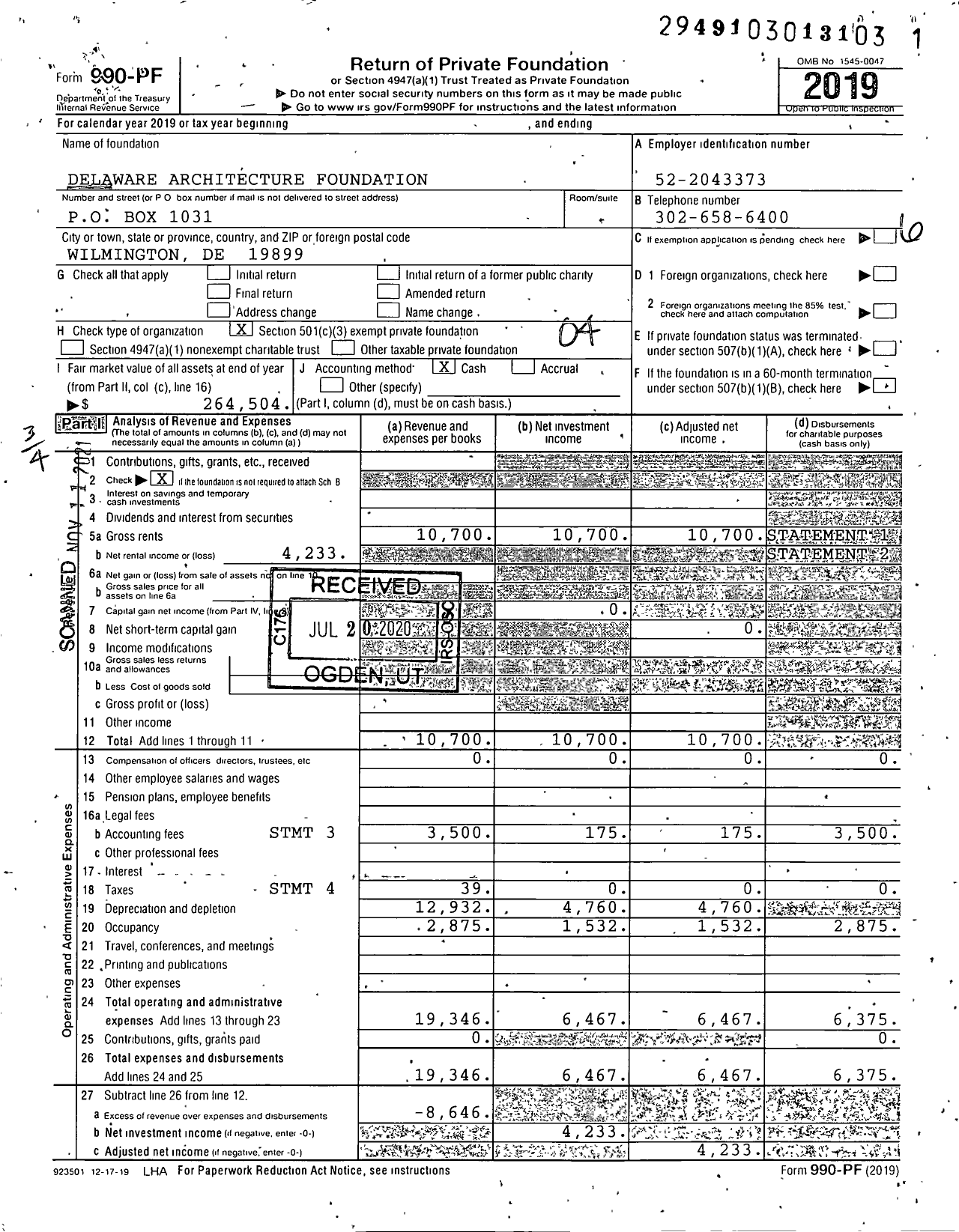 Image of first page of 2019 Form 990PF for Delaware Architecture Foundation