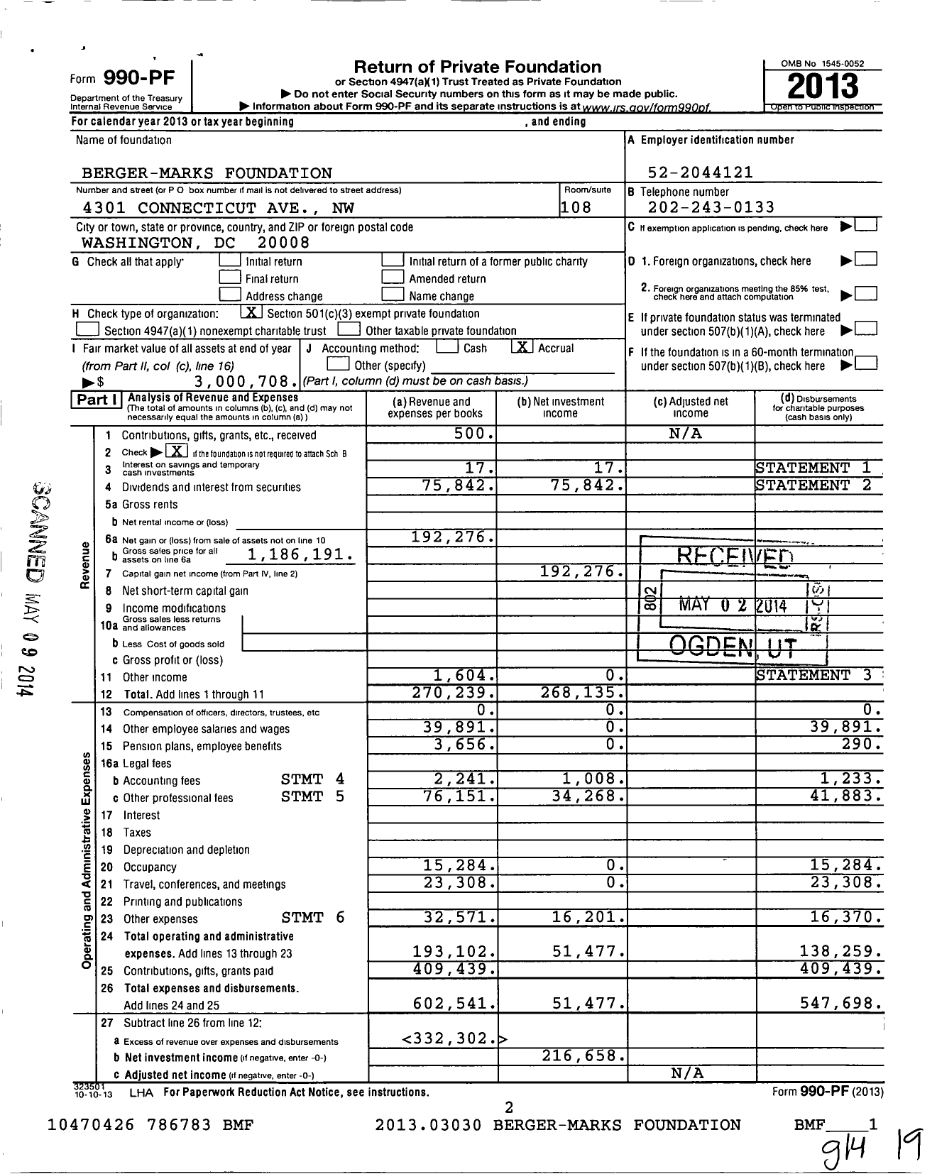 Image of first page of 2013 Form 990PF for Berger-Marks Foundation