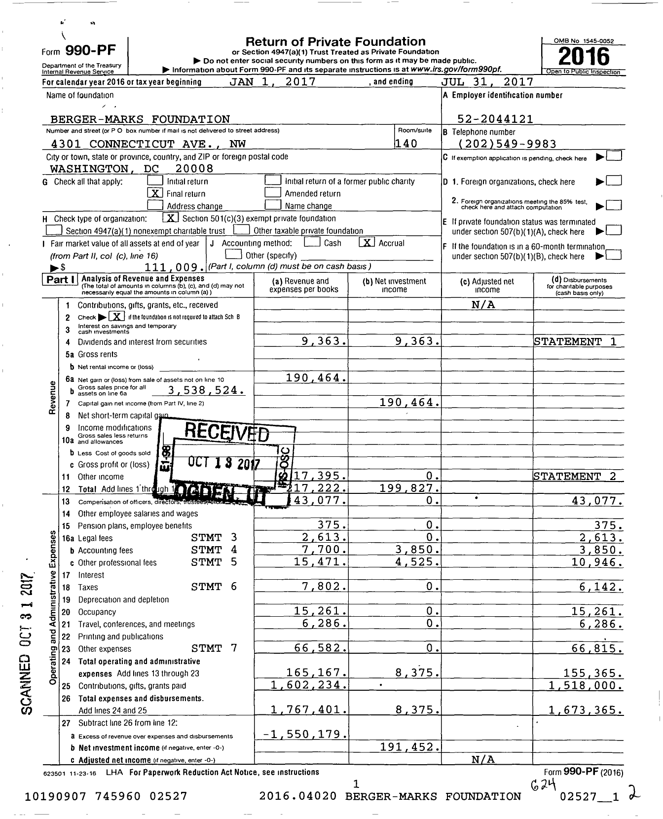 Image of first page of 2016 Form 990PF for Berger-Marks Foundation