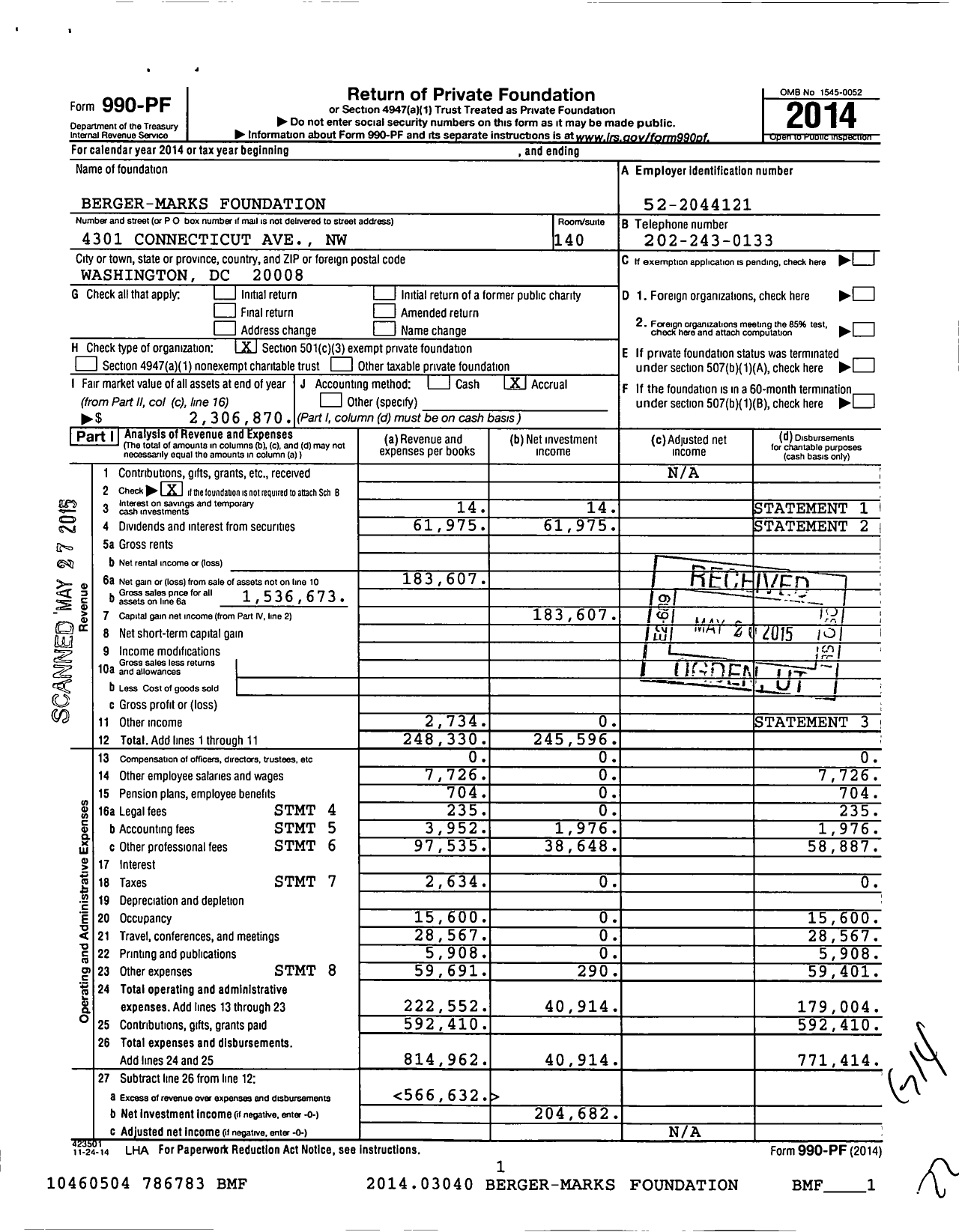 Image of first page of 2014 Form 990PF for Berger-Marks Foundation