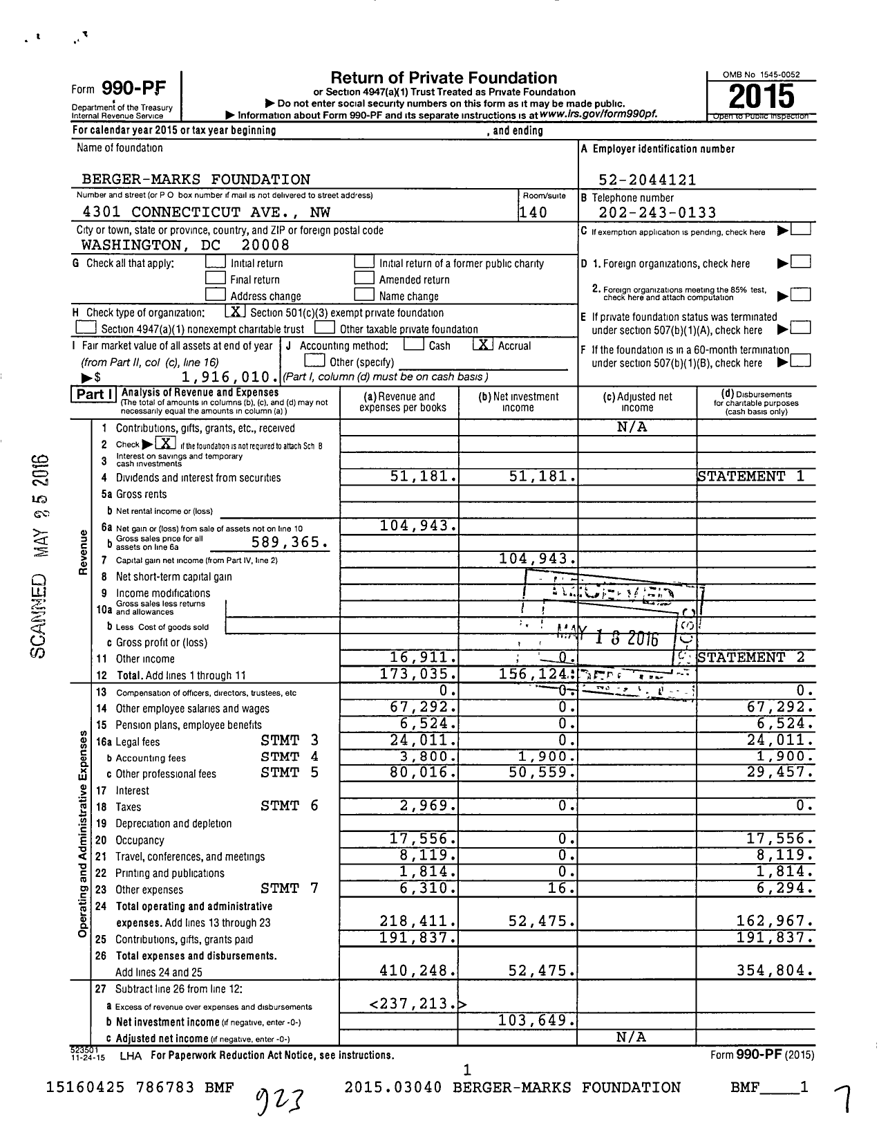 Image of first page of 2015 Form 990PF for Berger-Marks Foundation