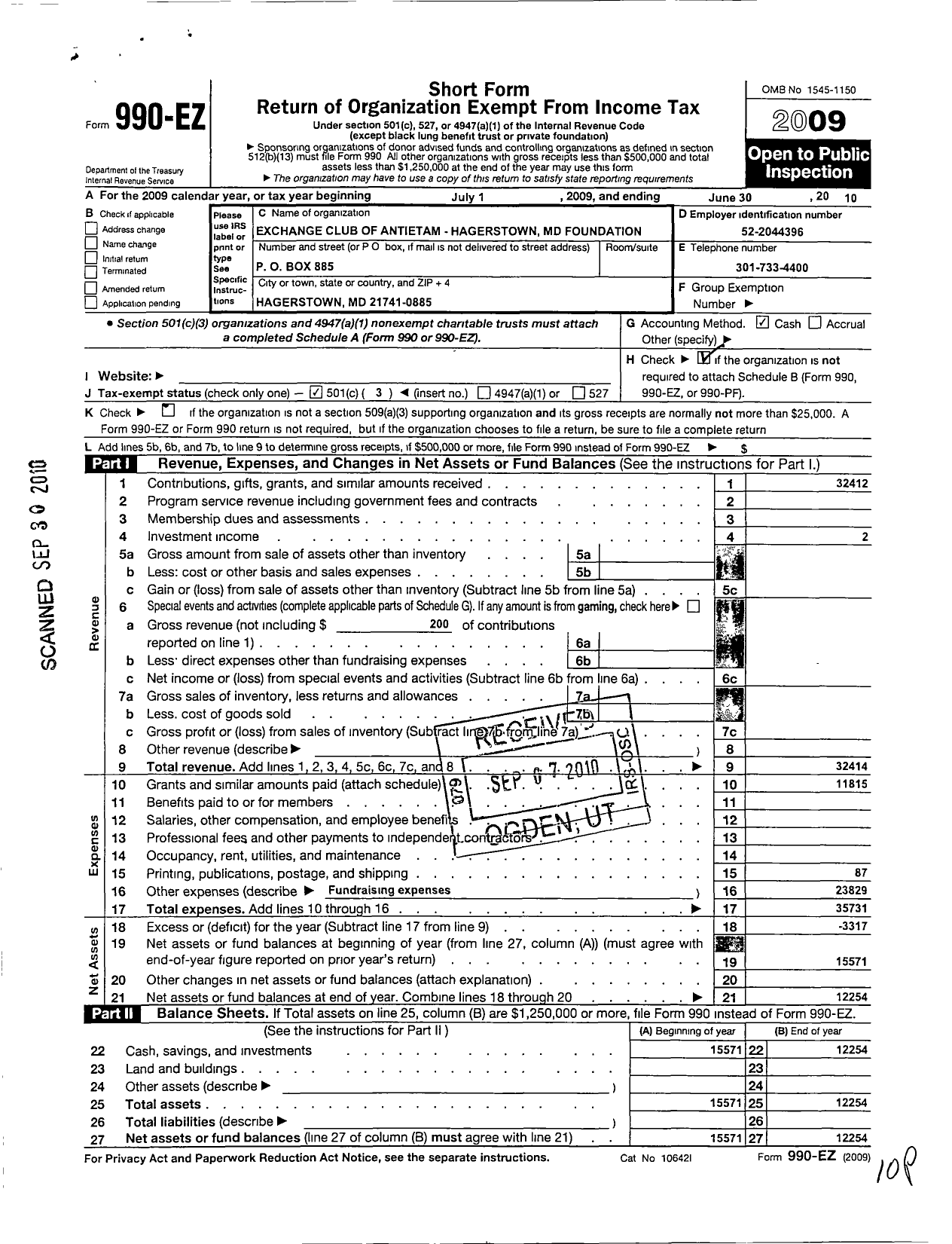 Image of first page of 2009 Form 990EZ for Exchange Club of Antietam