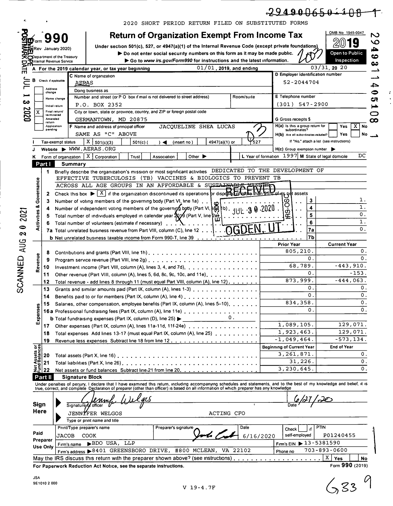 Image of first page of 2019 Form 990 for Aeras