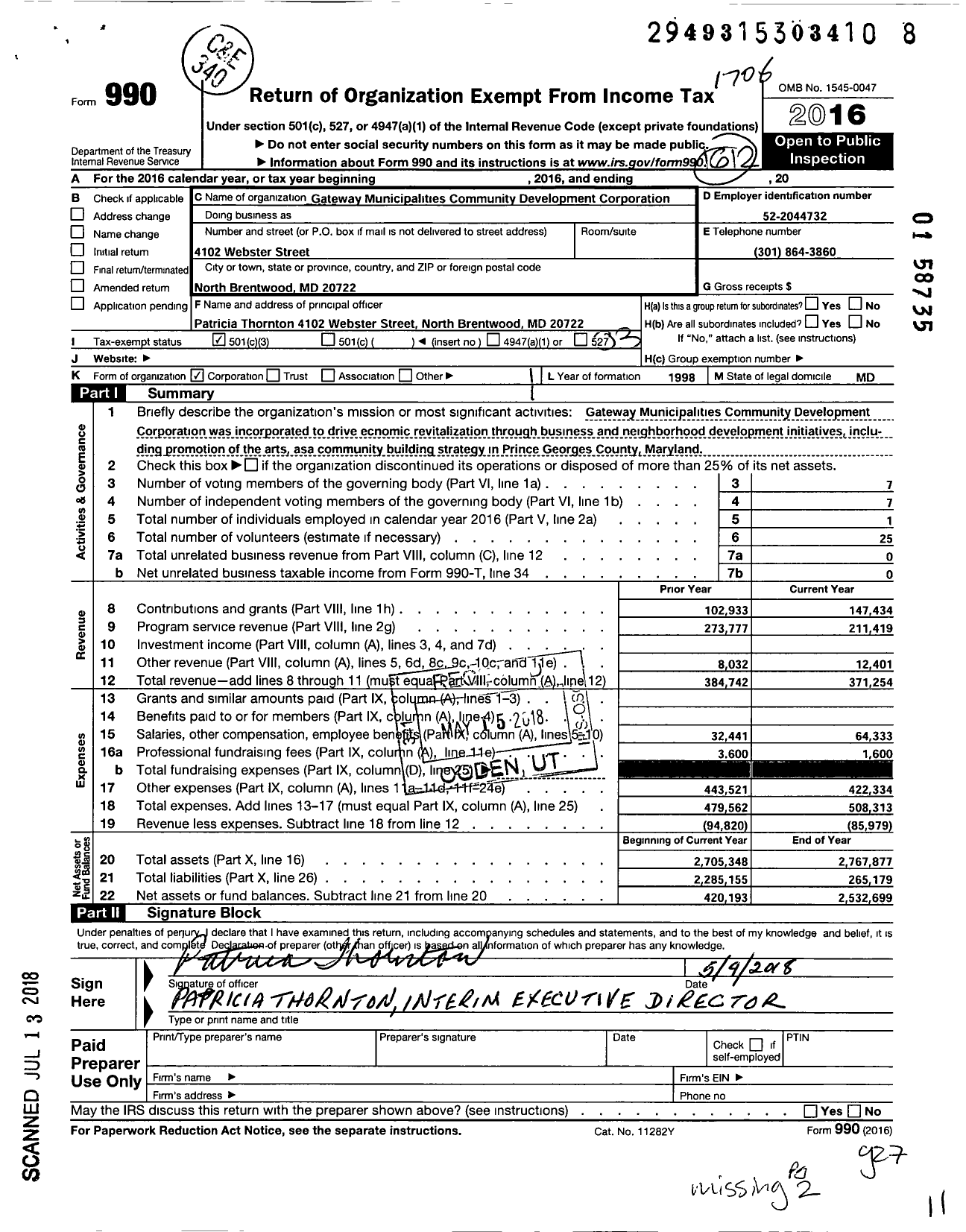 Image of first page of 2016 Form 990 for Gateway Municipalities Community Development Corporation
