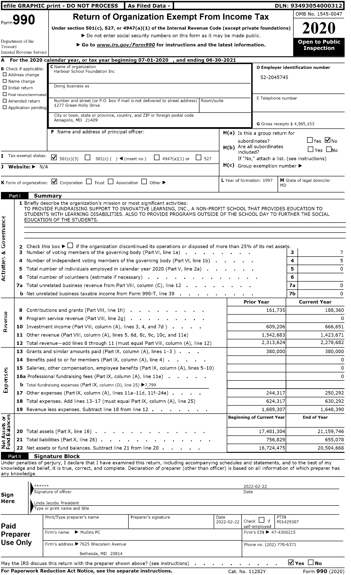 Image of first page of 2020 Form 990 for Harbour School Foundation