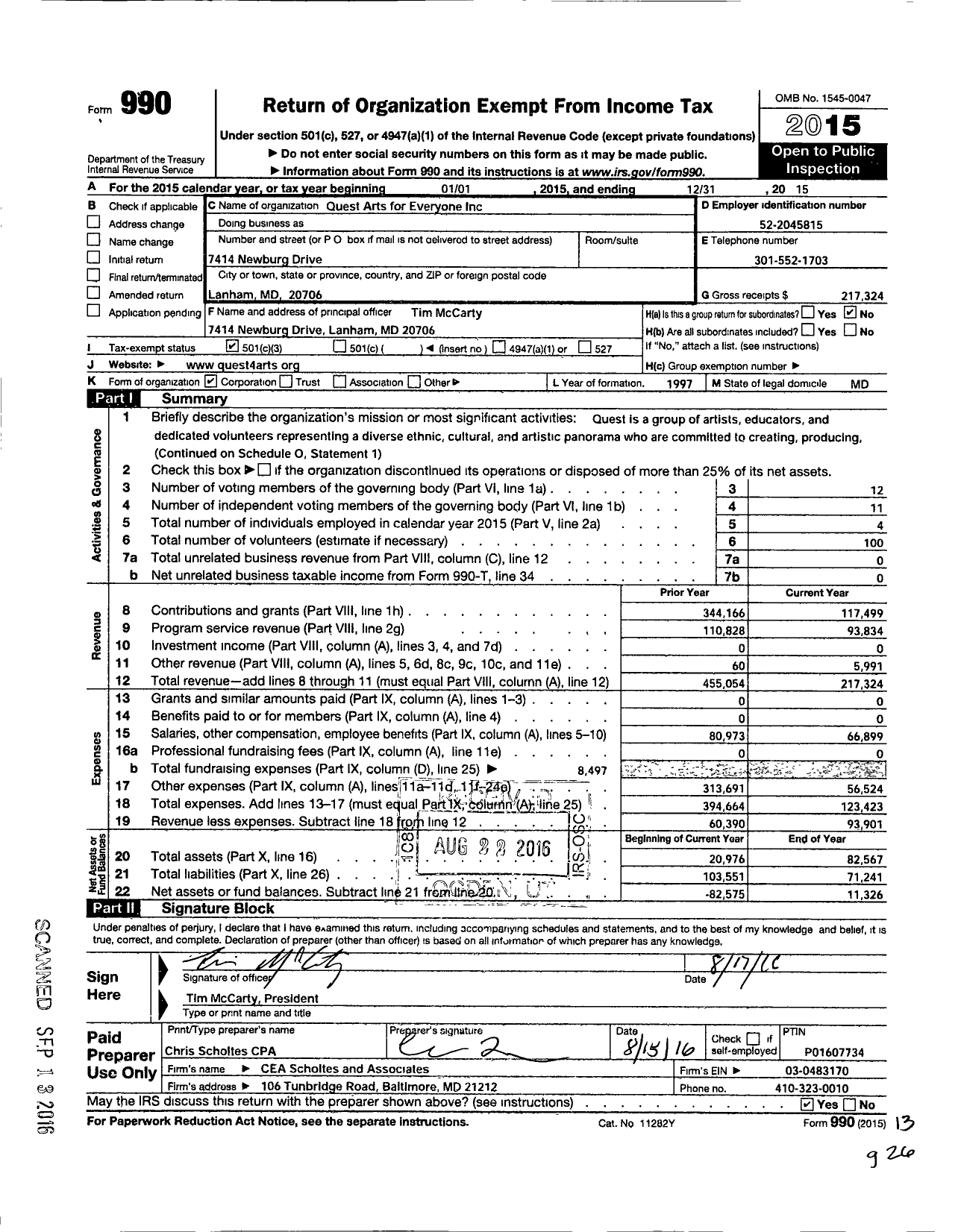 Image of first page of 2015 Form 990 for Quest Arts for Everyone