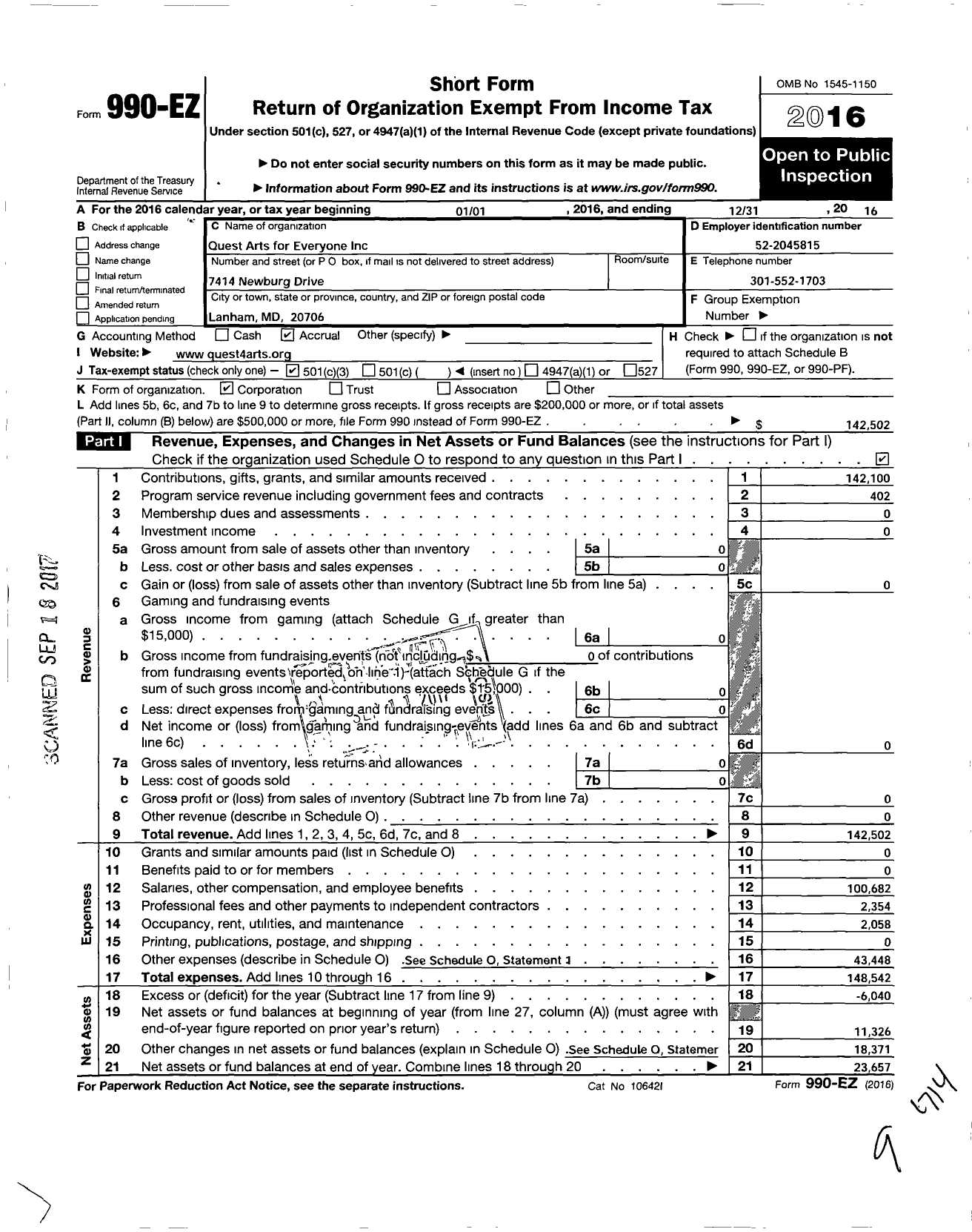 Image of first page of 2016 Form 990EZ for Quest Arts for Everyone