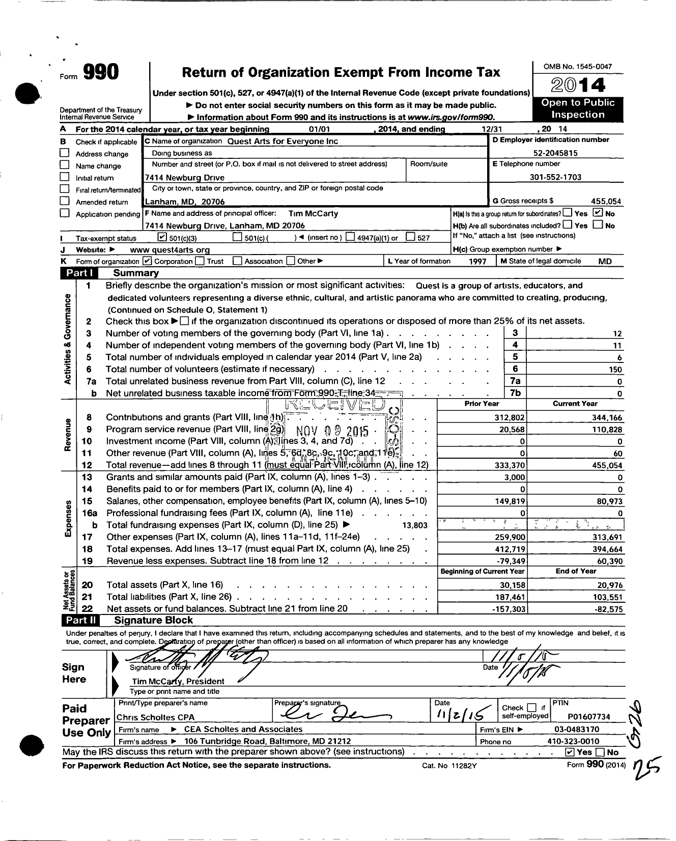 Image of first page of 2014 Form 990 for Quest Arts for Everyone