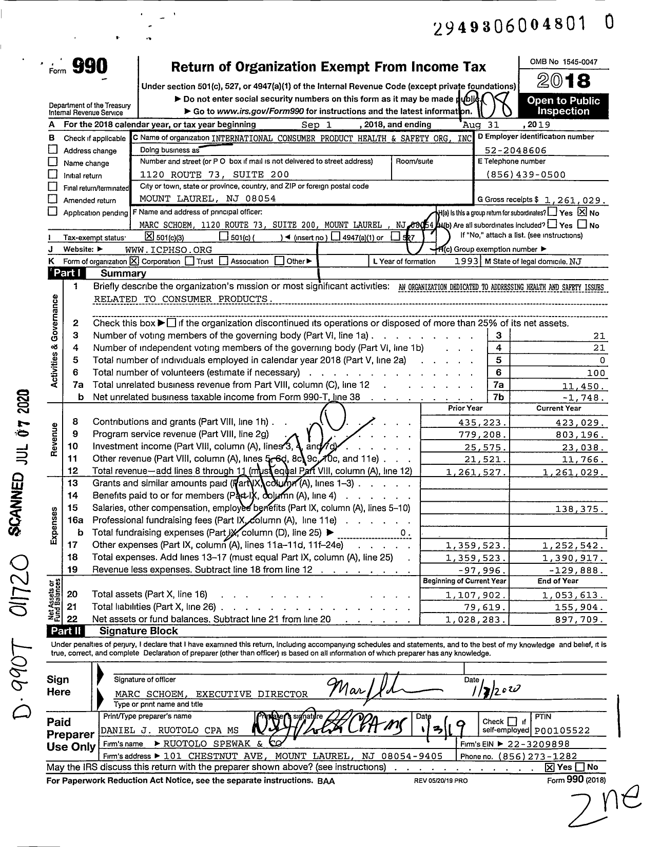 Image of first page of 2018 Form 990 for International Consumer Product Health and Safety Org (ICPHSO)