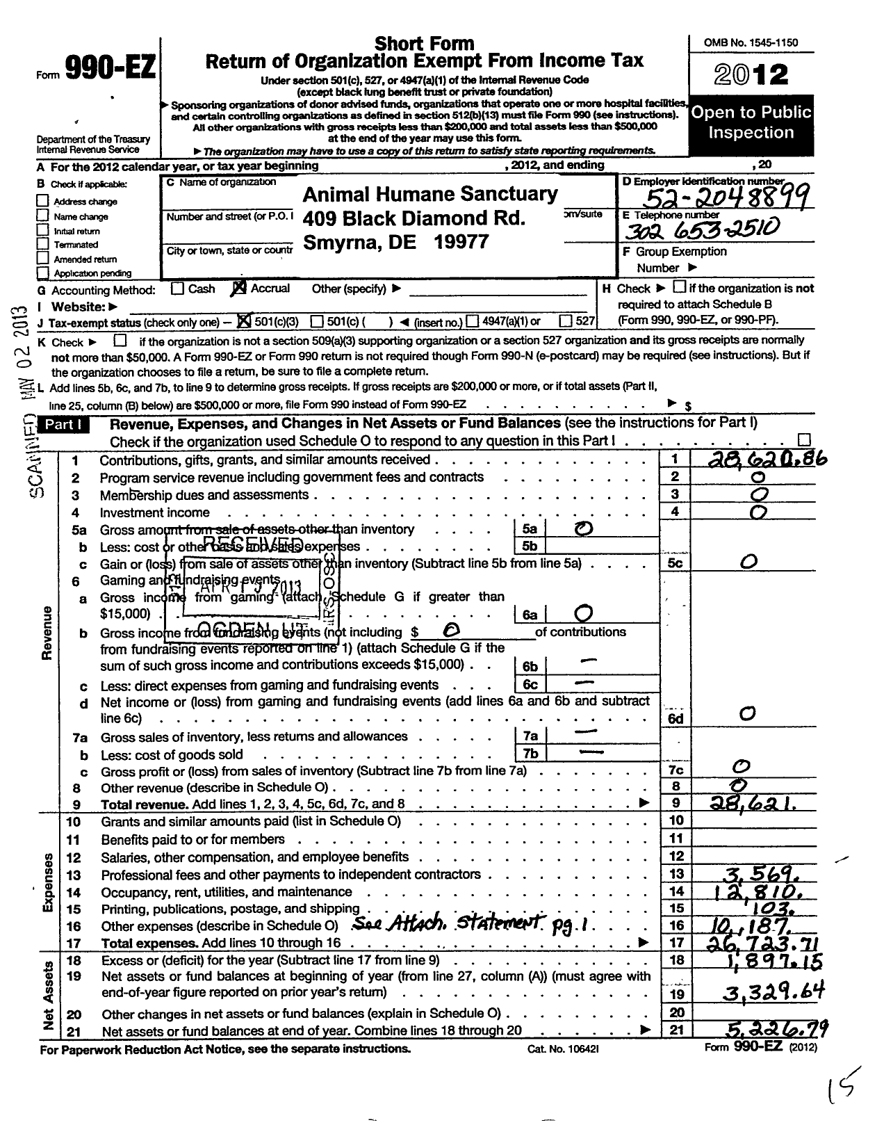 Image of first page of 2012 Form 990EZ for Animal Humane Sanctuary