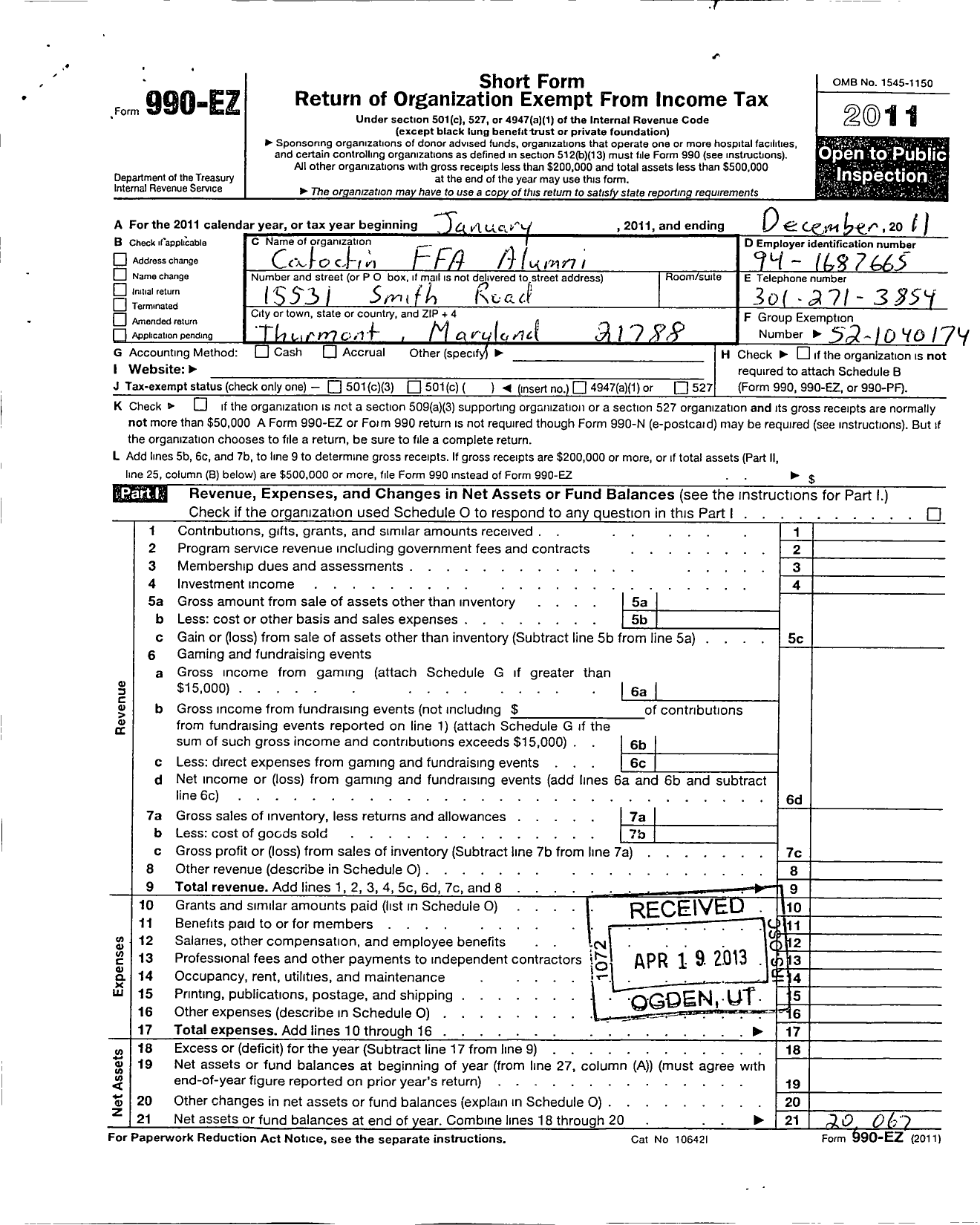 Image of first page of 2010 Form 990ER for Future Farmers of America - 19004 Catoctin Area Ffa Alumni Asso