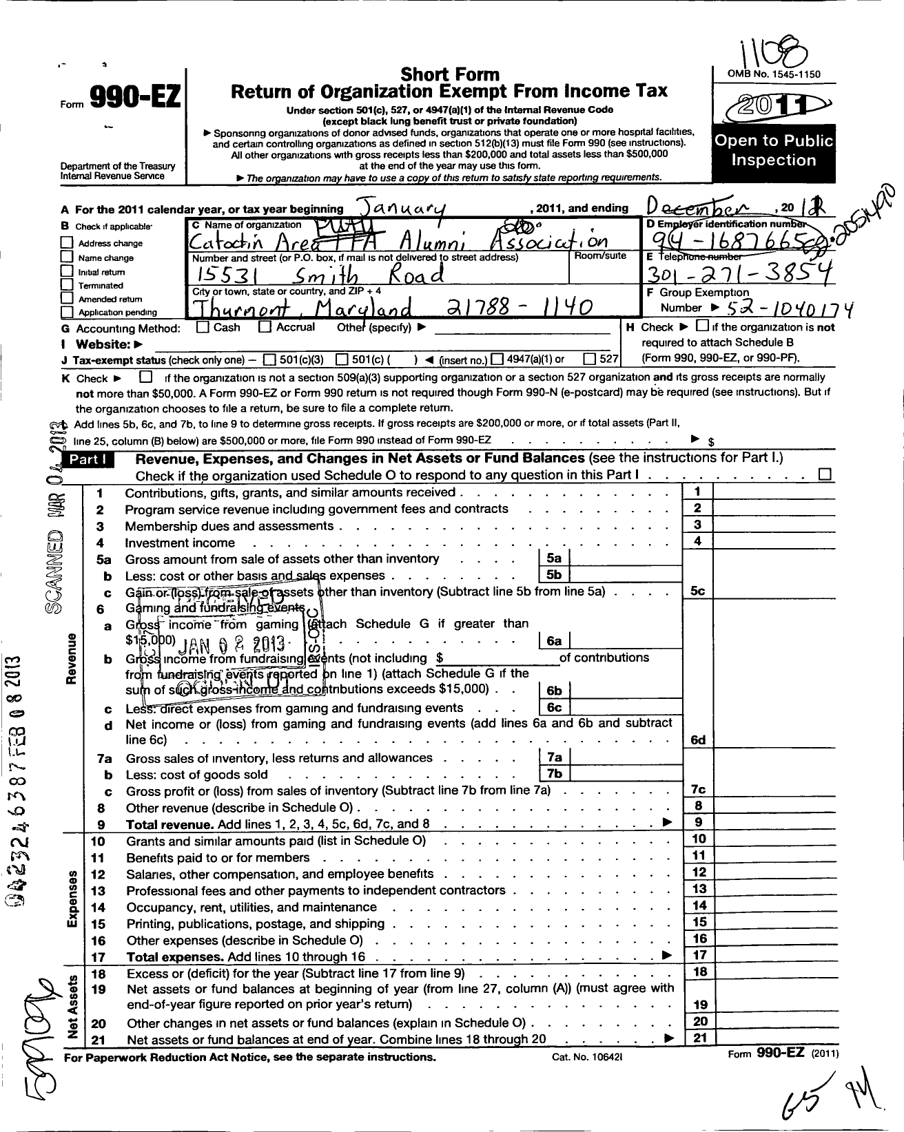 Image of first page of 2010 Form 990EO for Future Farmers of America - 19004 Catoctin Area Ffa Alumni Asso