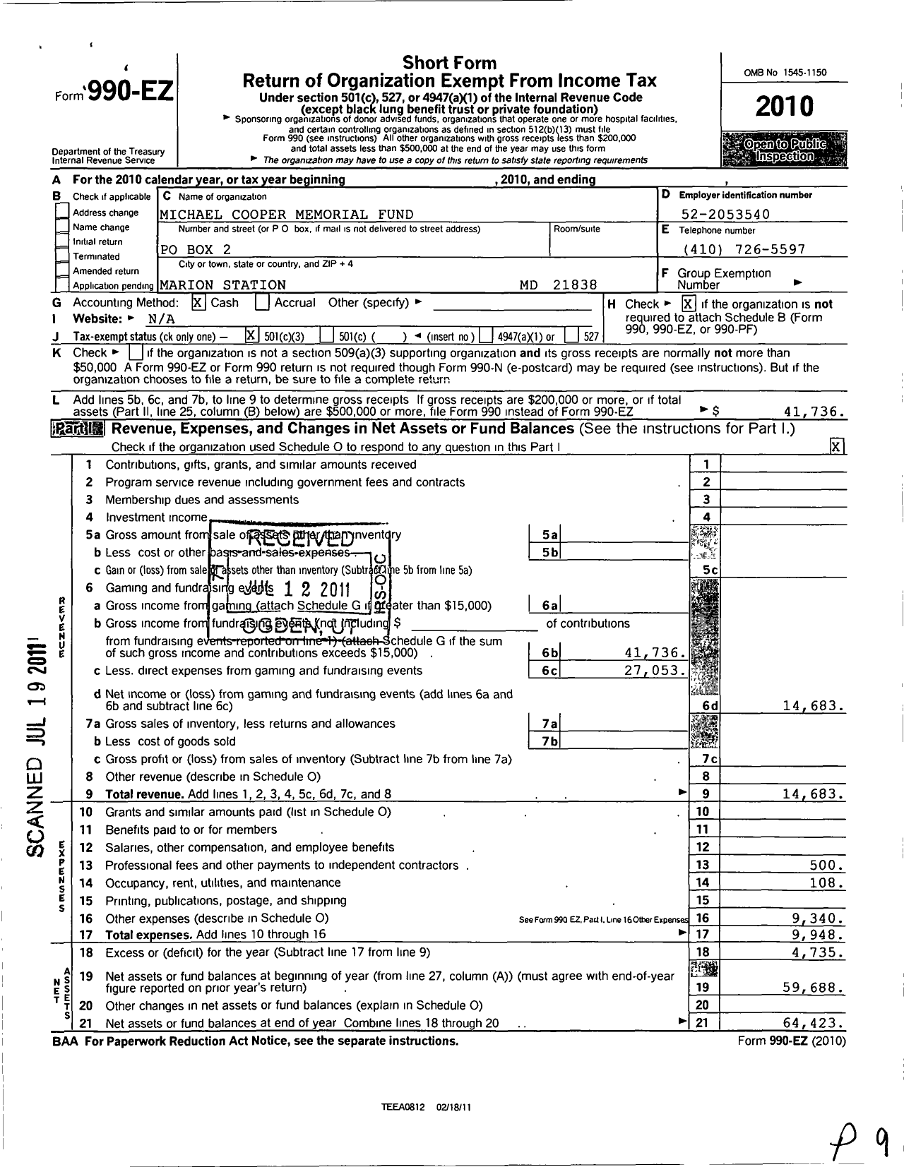 Image of first page of 2010 Form 990EZ for Michael P Cooper Memorial Fund