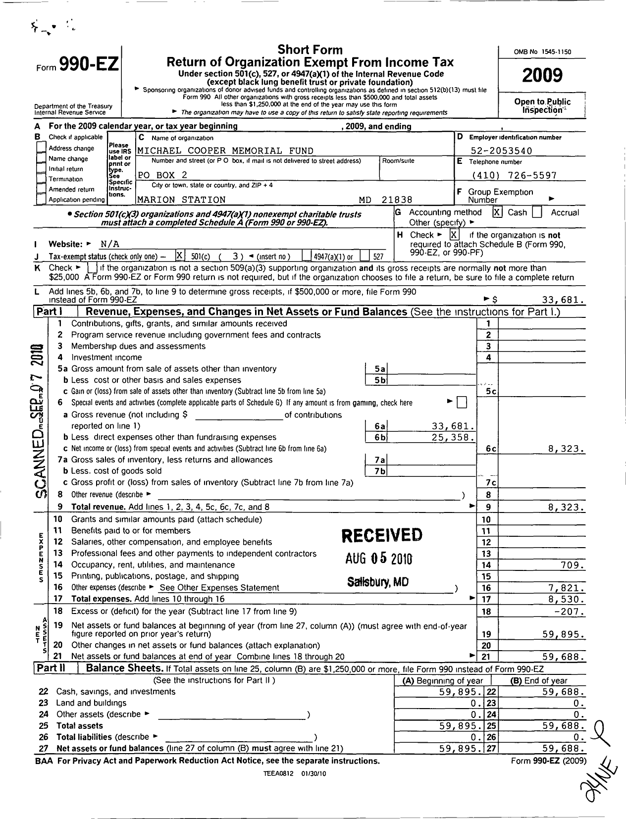 Image of first page of 2009 Form 990EZ for Michael P Cooper Memorial Fund