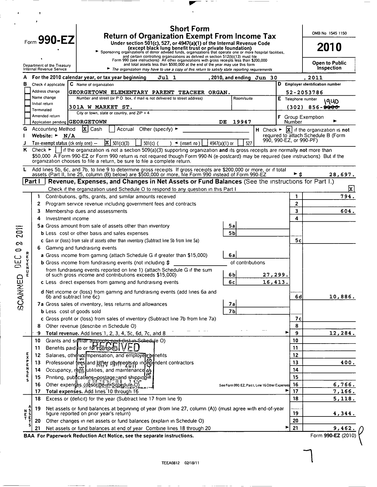 Image of first page of 2010 Form 990EZ for Georgetown Elementary Pto