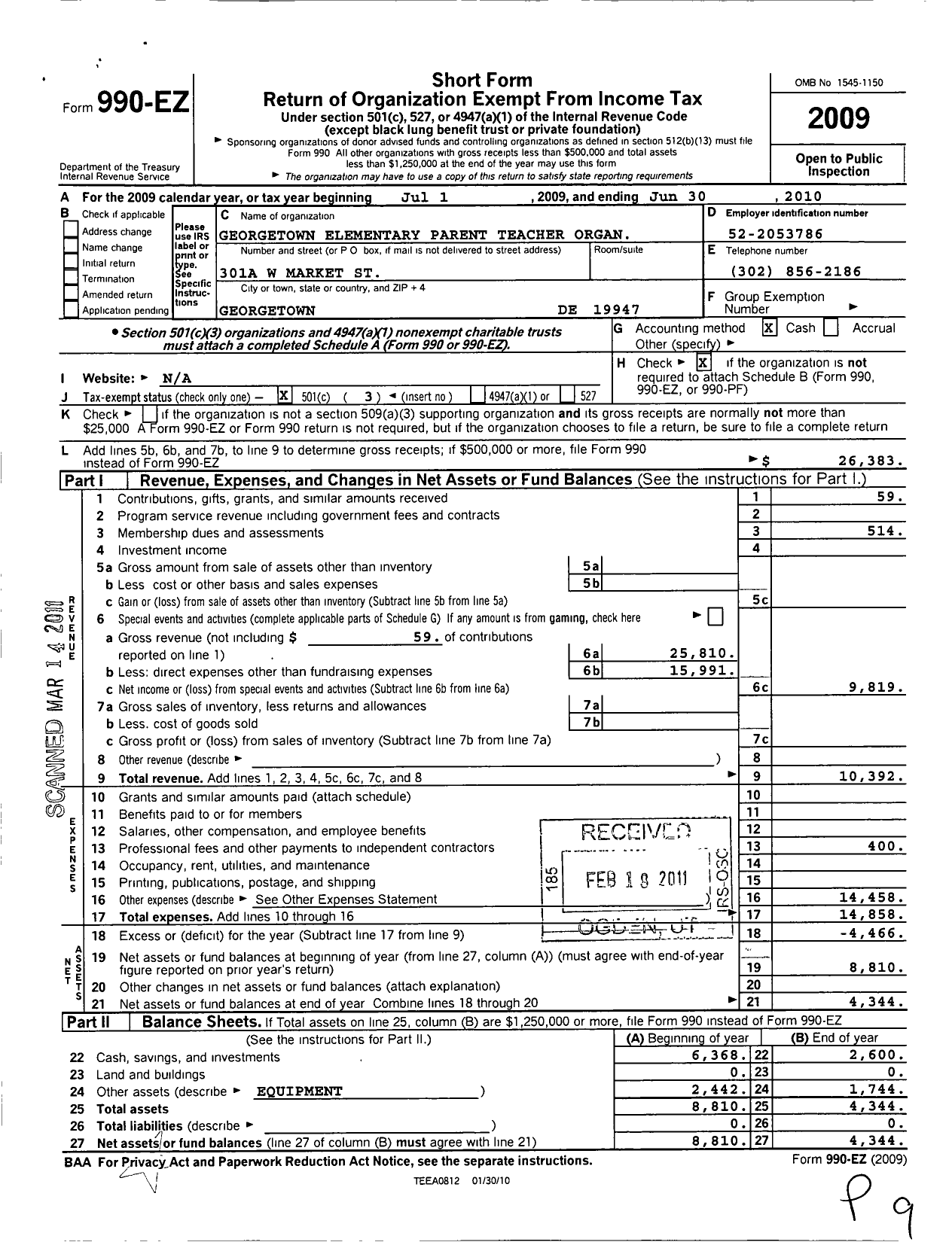 Image of first page of 2009 Form 990EZ for Georgetown Elementary Pto