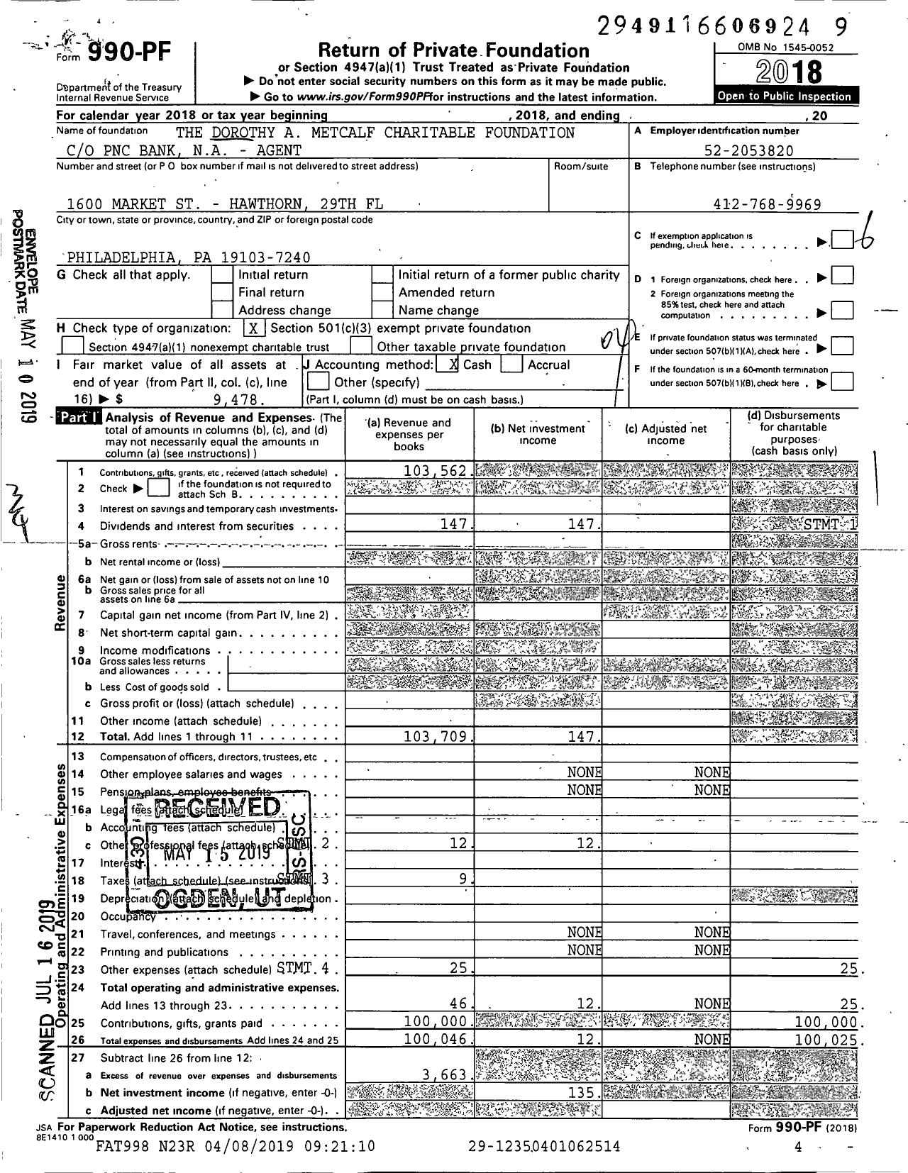 Image of first page of 2018 Form 990PF for Dorothy A Metcalf Charitable Foundation