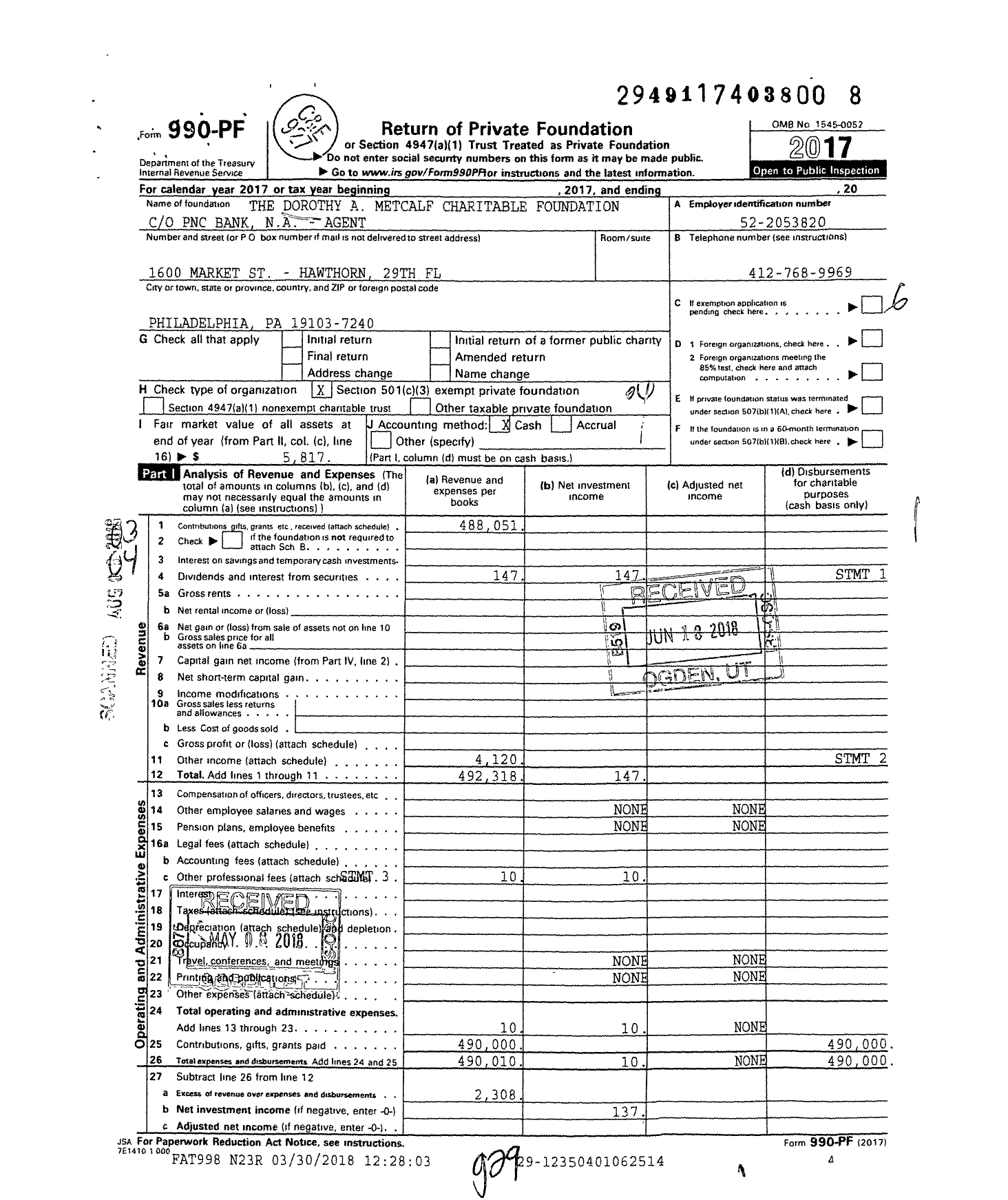 Image of first page of 2017 Form 990PF for Dorothy A Metcalf Charitable Foundation