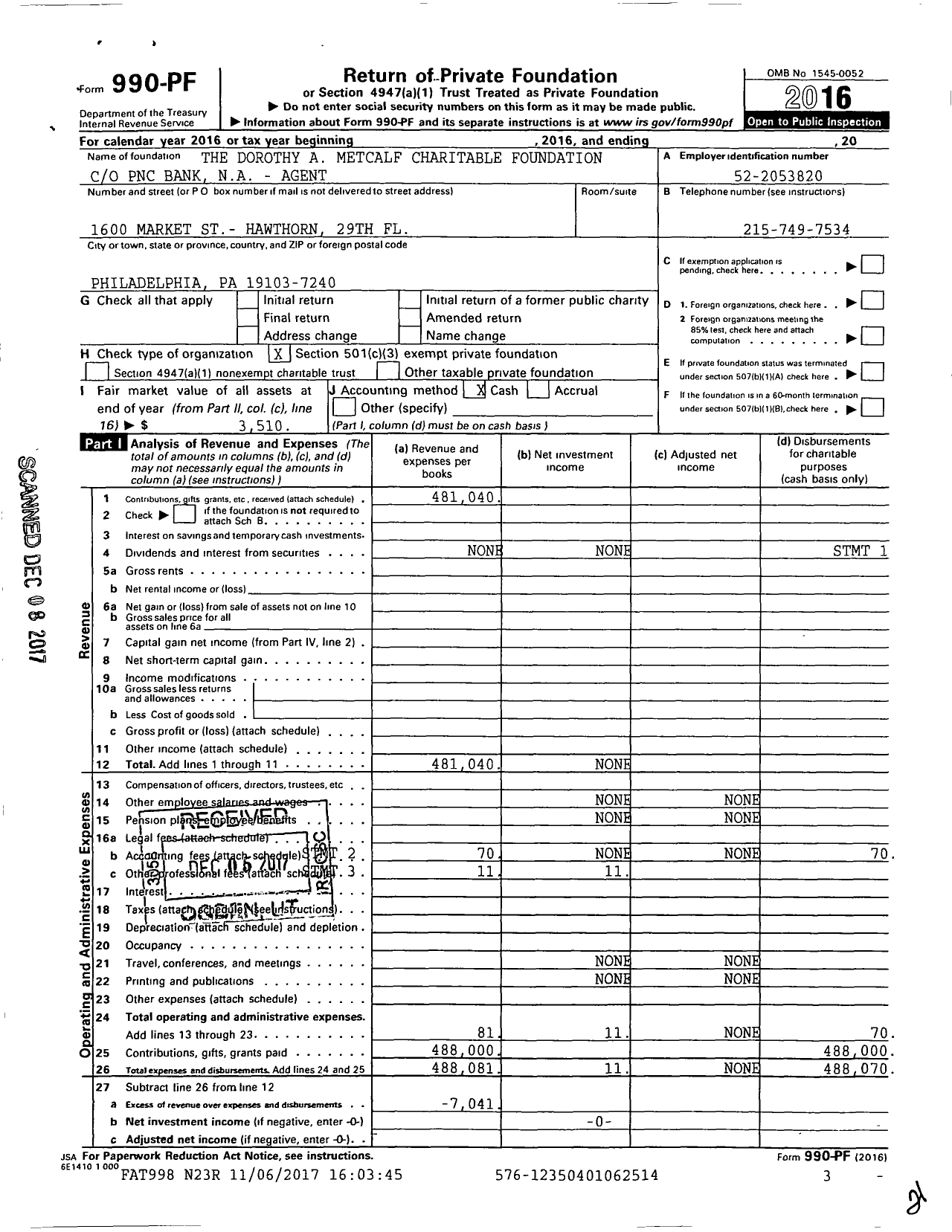 Image of first page of 2016 Form 990PF for Dorothy A Metcalf Charitable Foundation