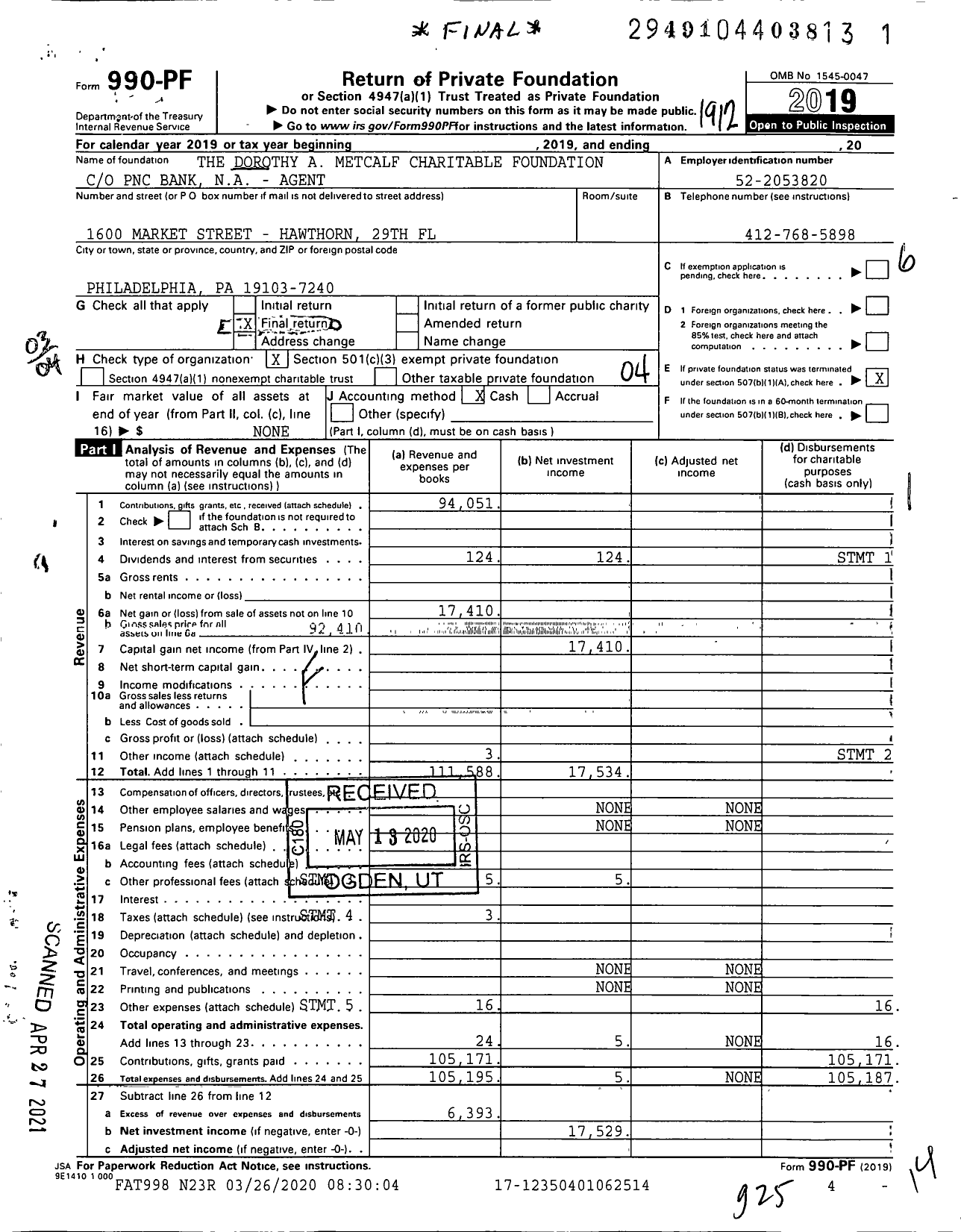 Image of first page of 2019 Form 990PF for Dorothy A Metcalf Charitable Foundation