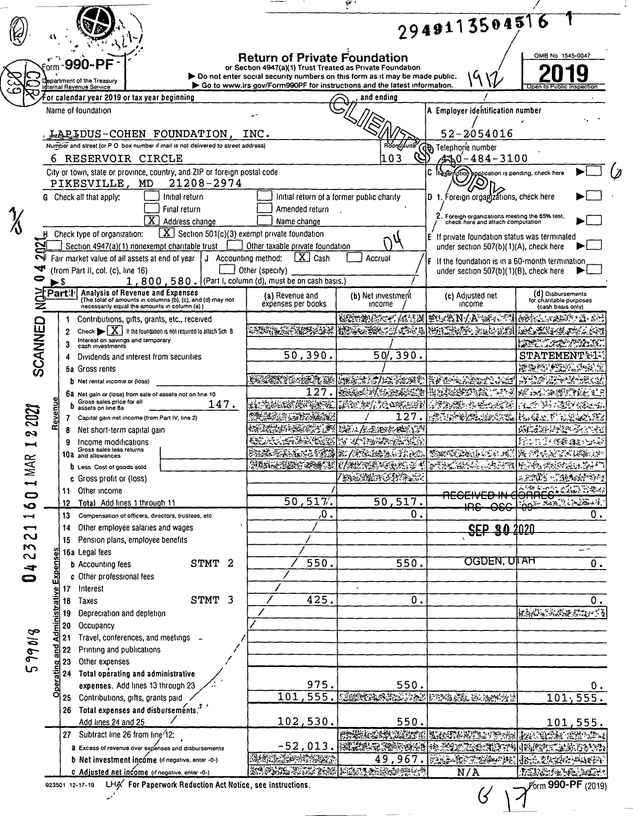 Image of first page of 2019 Form 990PF for Lapidus-Cohen Foundation