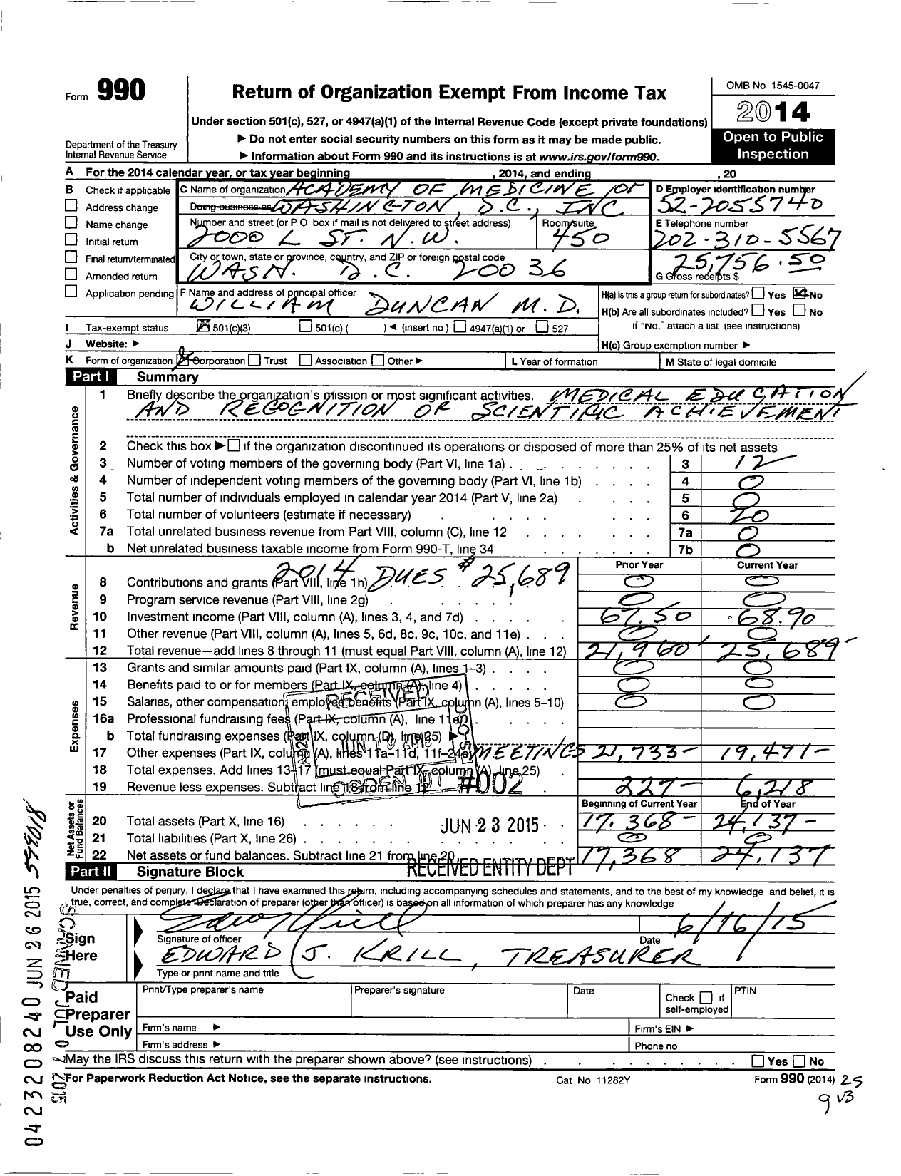 Image of first page of 2014 Form 990 for Acad of Med of Wash DC