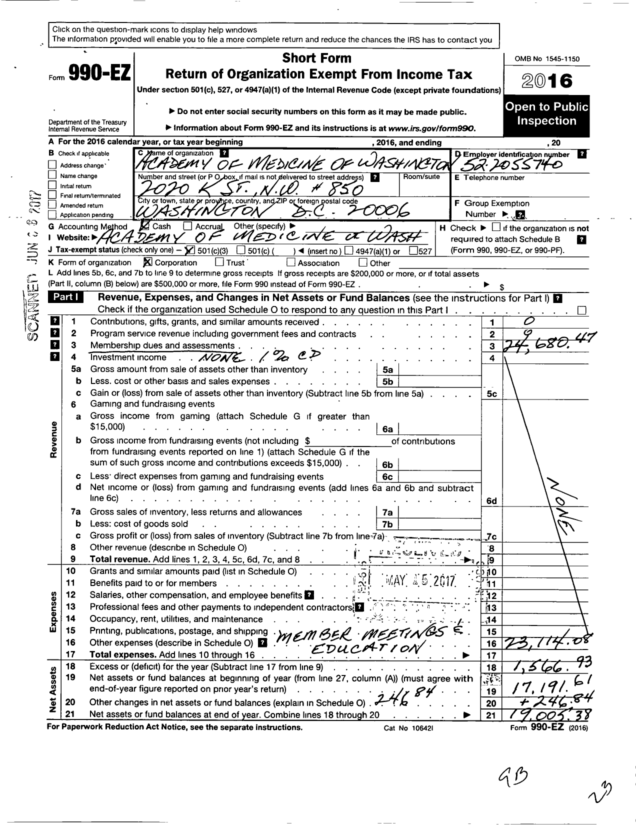 Image of first page of 2016 Form 990EZ for Acad of Med of Wash DC