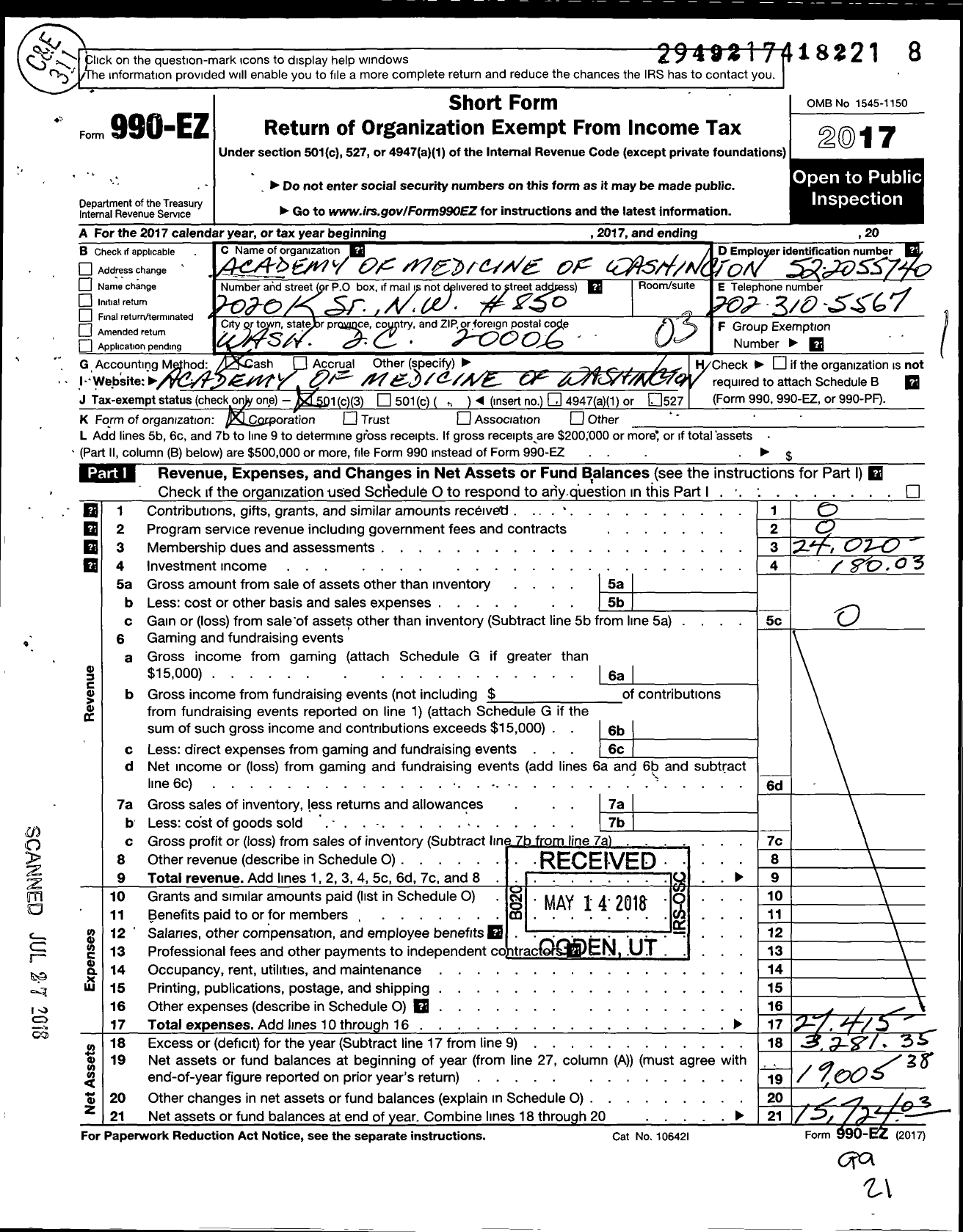 Image of first page of 2017 Form 990EZ for Acad of Med of Wash DC