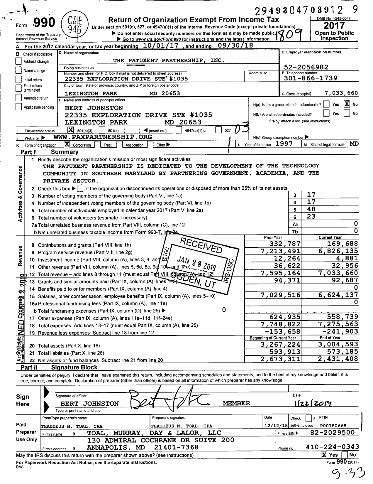 Image of first page of 2017 Form 990 for Patuxent Partnership