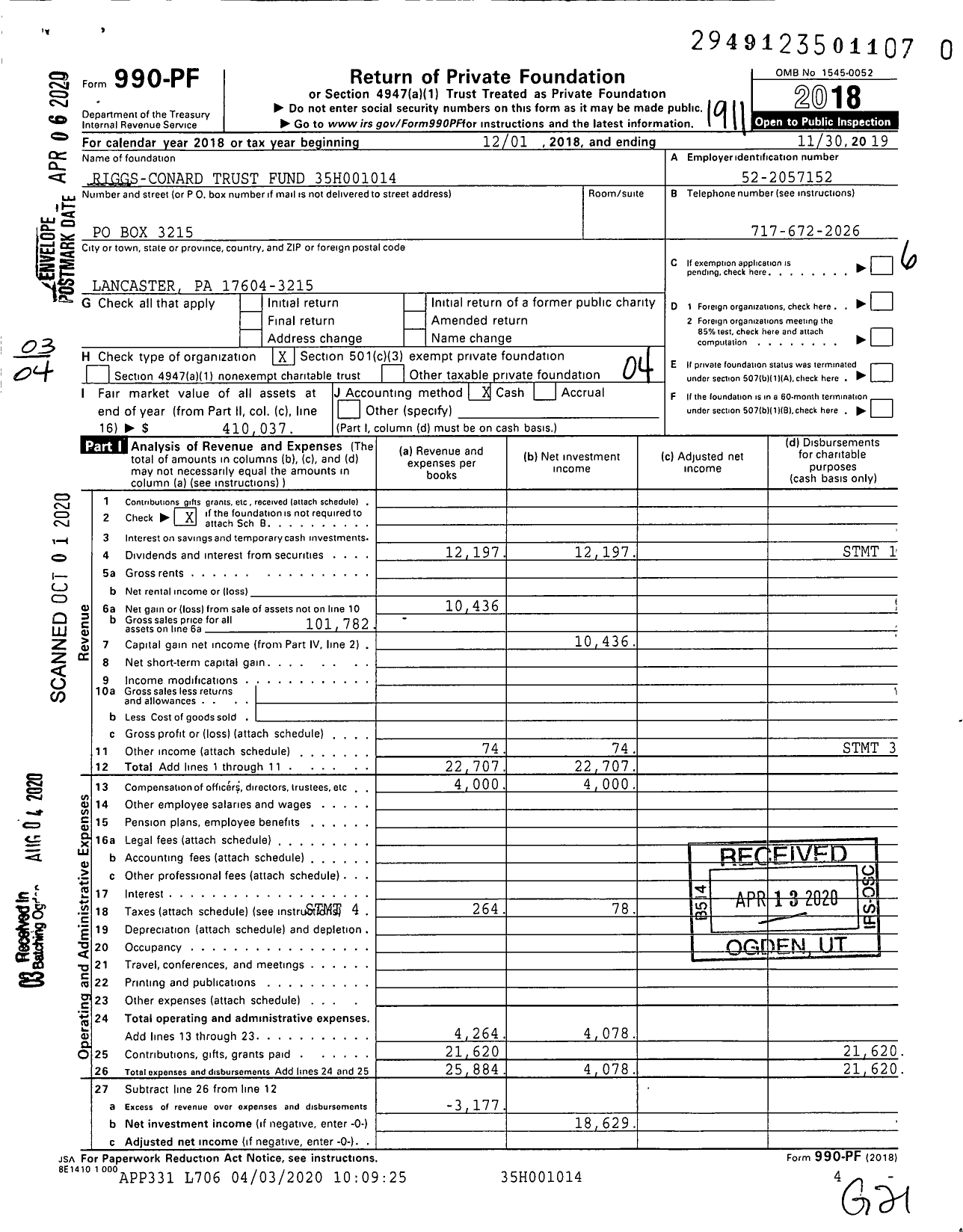 Image of first page of 2018 Form 990PR for Riggs-Conard Trust Fund 35h001014