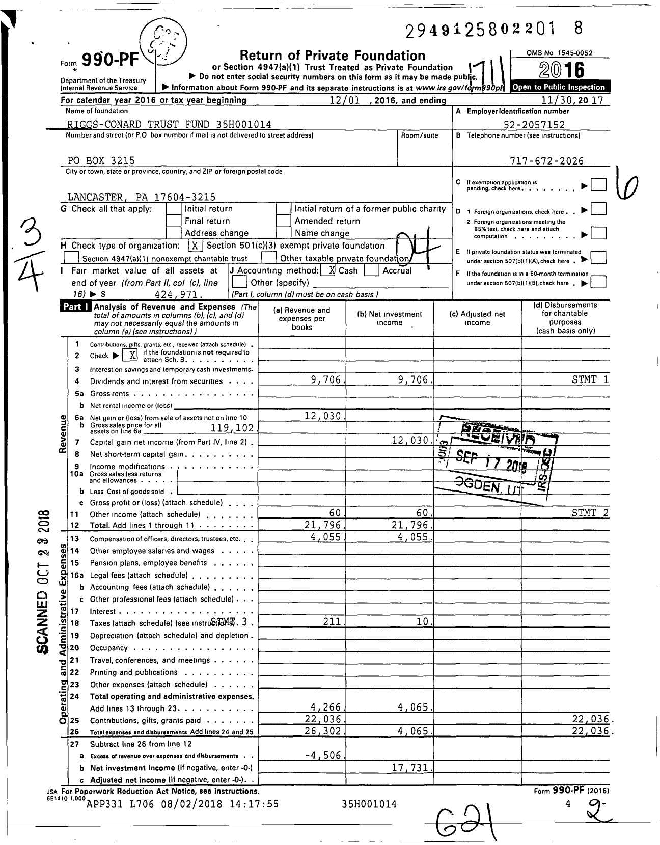 Image of first page of 2016 Form 990PF for Riggs-Conard Trust Fund 35h001014