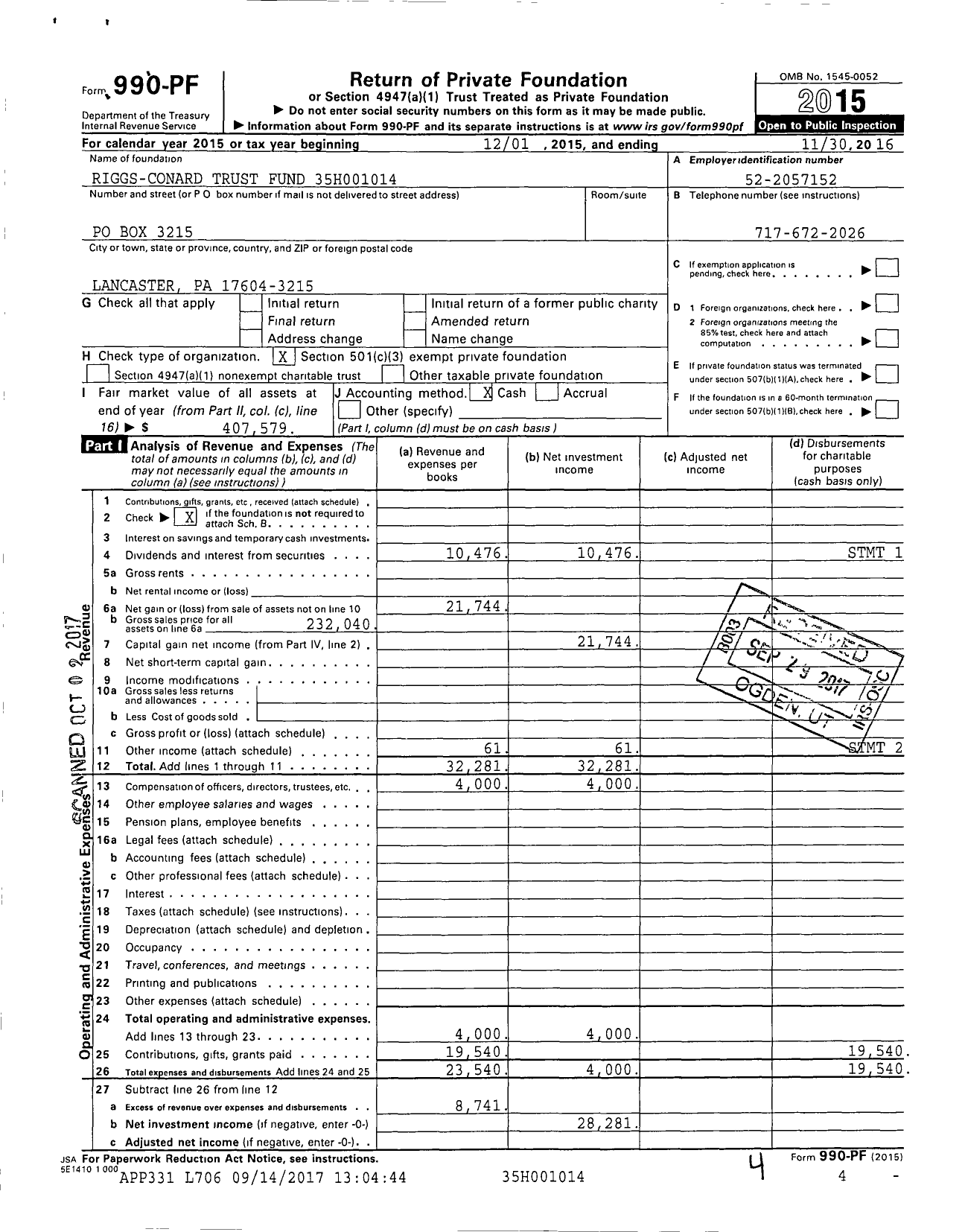 Image of first page of 2015 Form 990PF for Riggs-Conard Trust Fund 35h001014