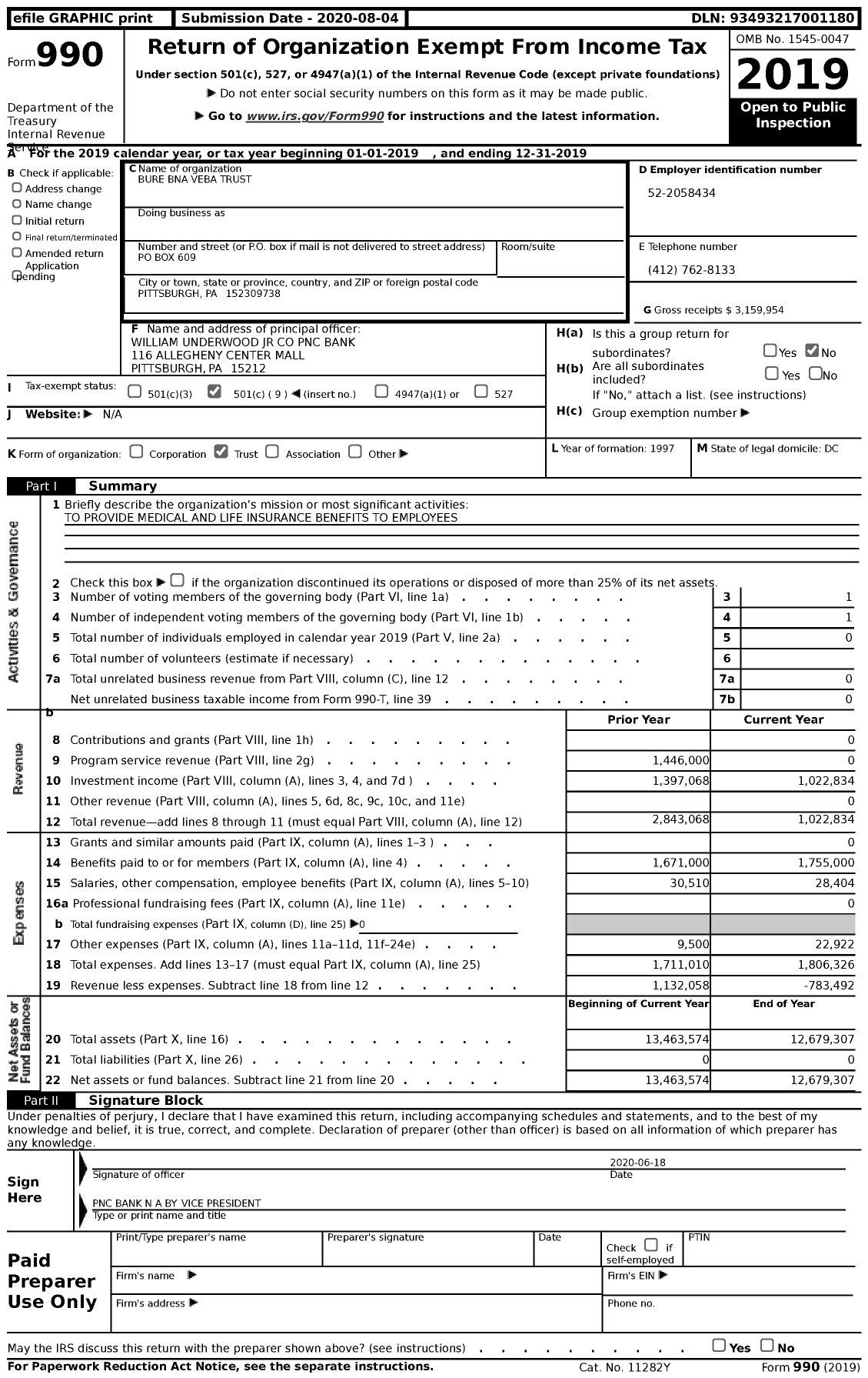 Image of first page of 2019 Form 990 for Bure Bna Veba Trust