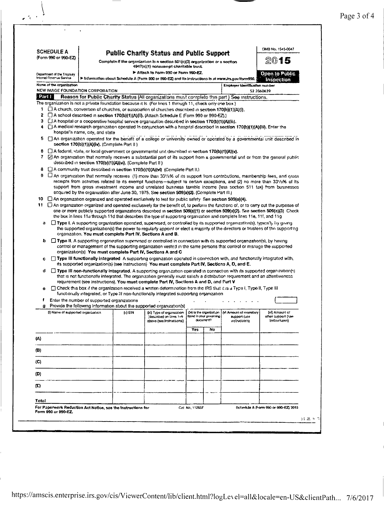 Image of first page of 2015 Form 990ER for New Image Foundation Corporation