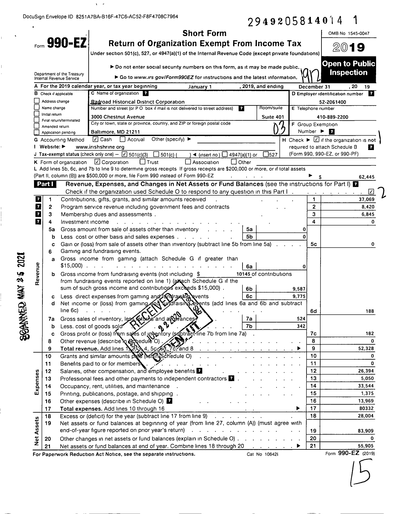 Image of first page of 2019 Form 990EZ for Railroad Historical District Corporation