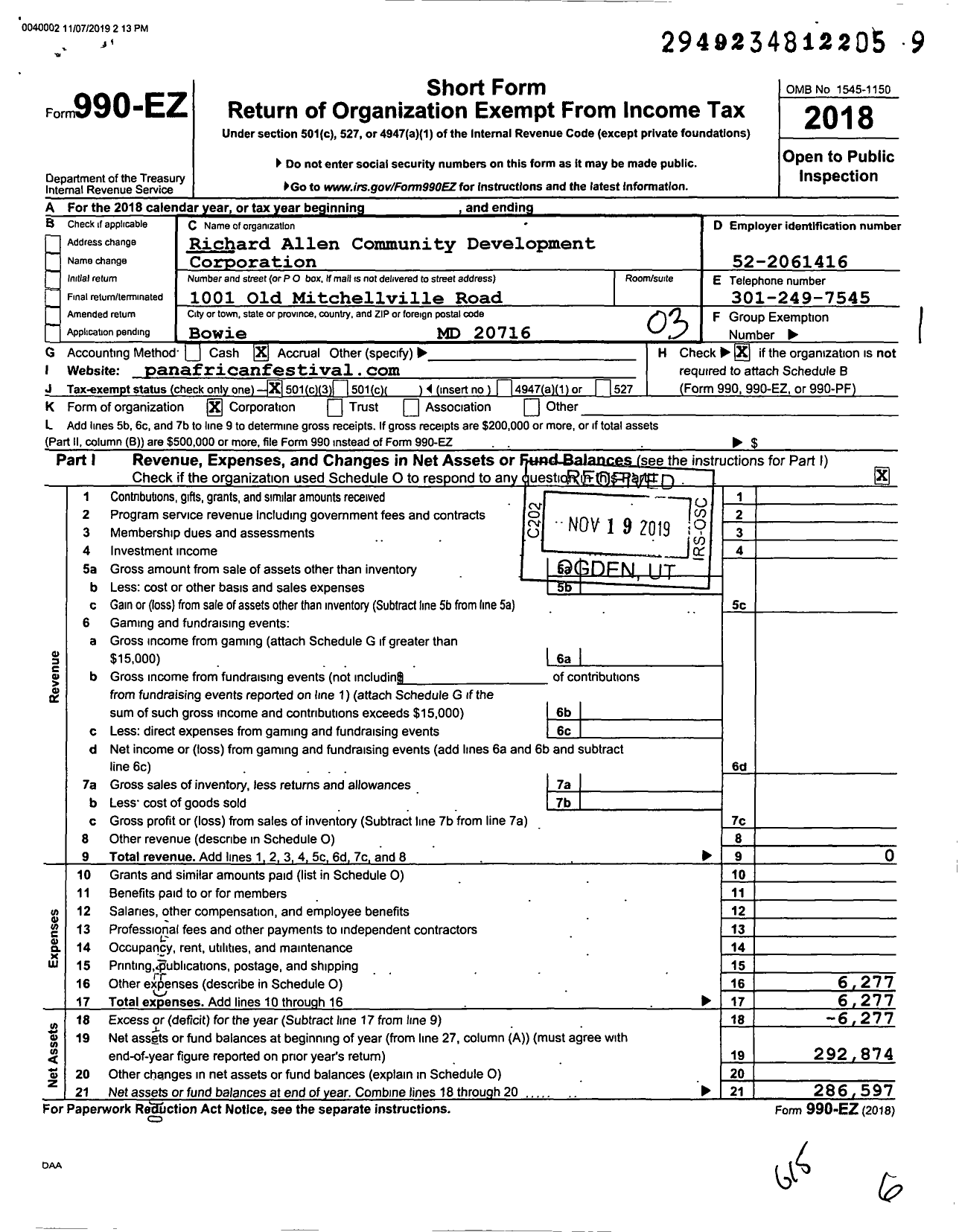 Image of first page of 2018 Form 990EZ for Richard Allen Community Development Corporation