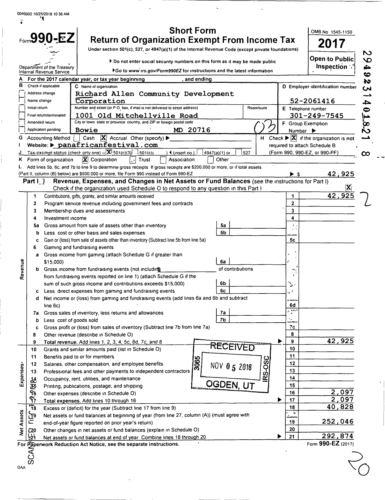 Image of first page of 2017 Form 990EZ for Richard Allen Community Development Corporation