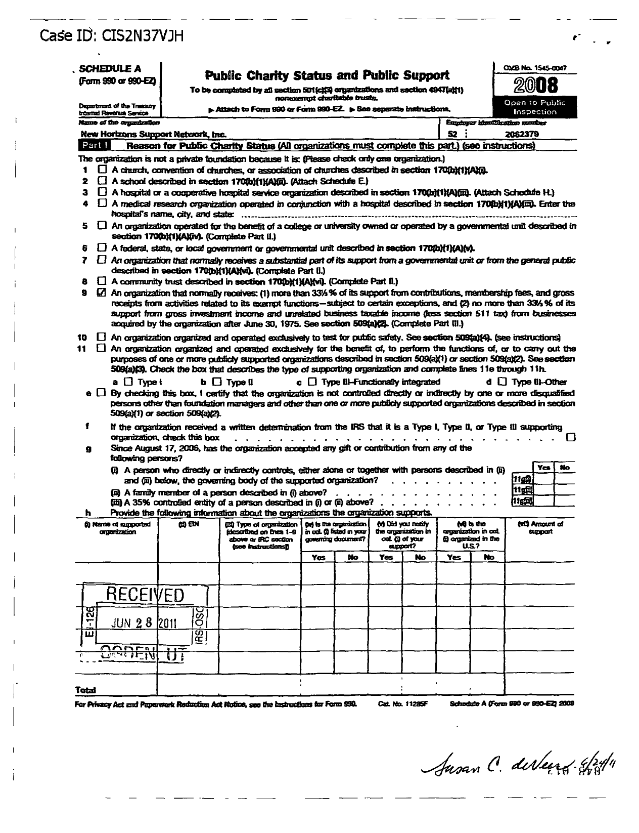 Image of first page of 2008 Form 990ER for New Horizons Support Network