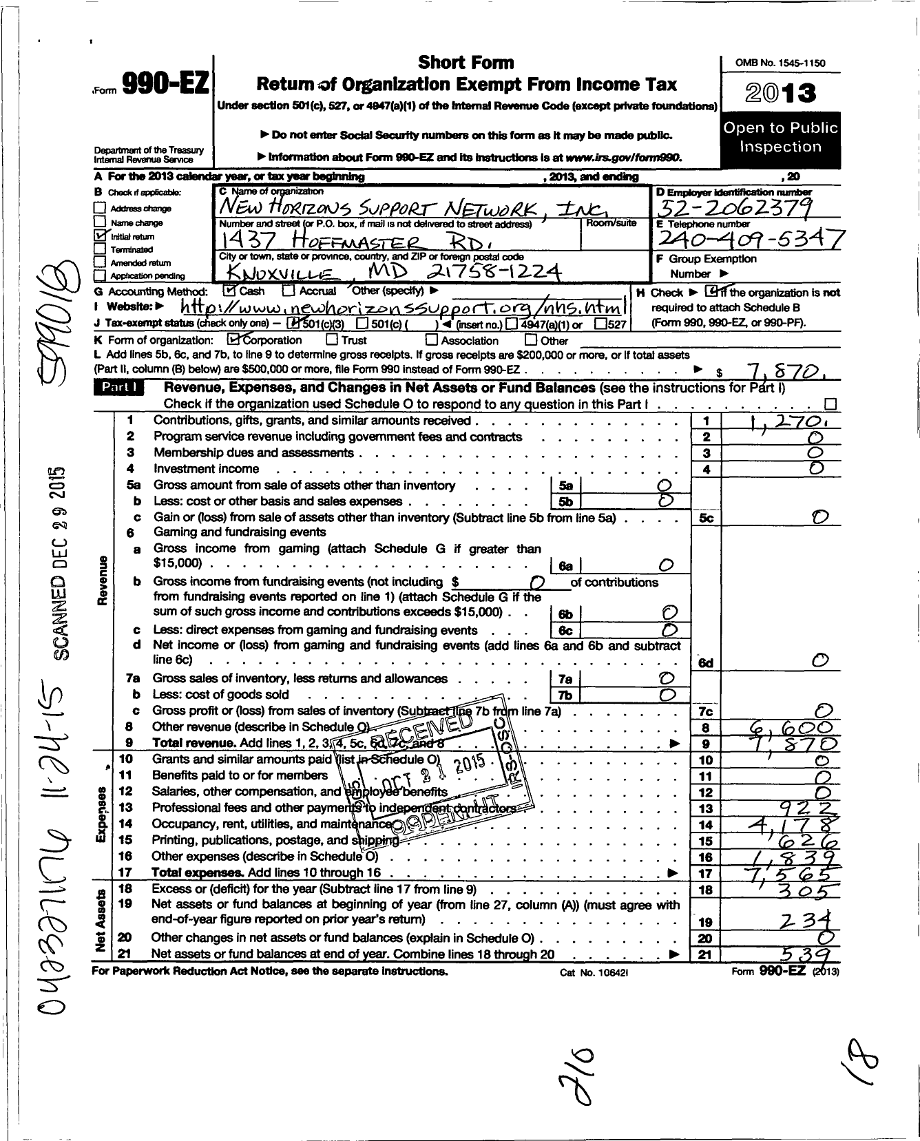 Image of first page of 2013 Form 990EZ for New Horizons Support Network