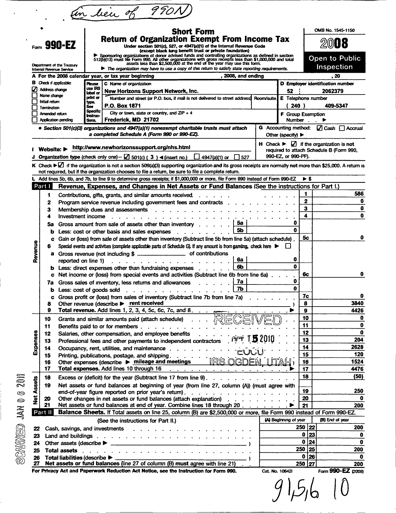 Image of first page of 2008 Form 990EZ for New Horizons Support Network