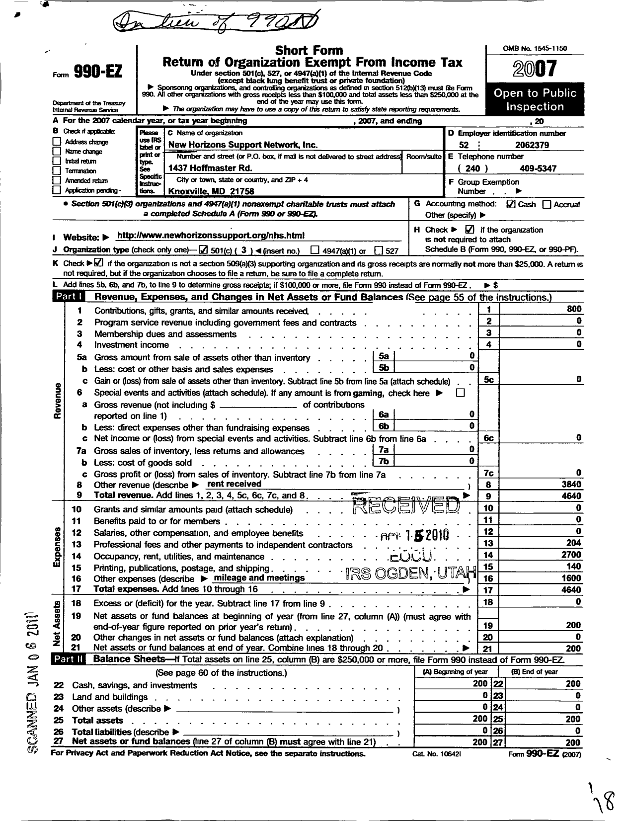 Image of first page of 2007 Form 990EZ for New Horizons Support Network